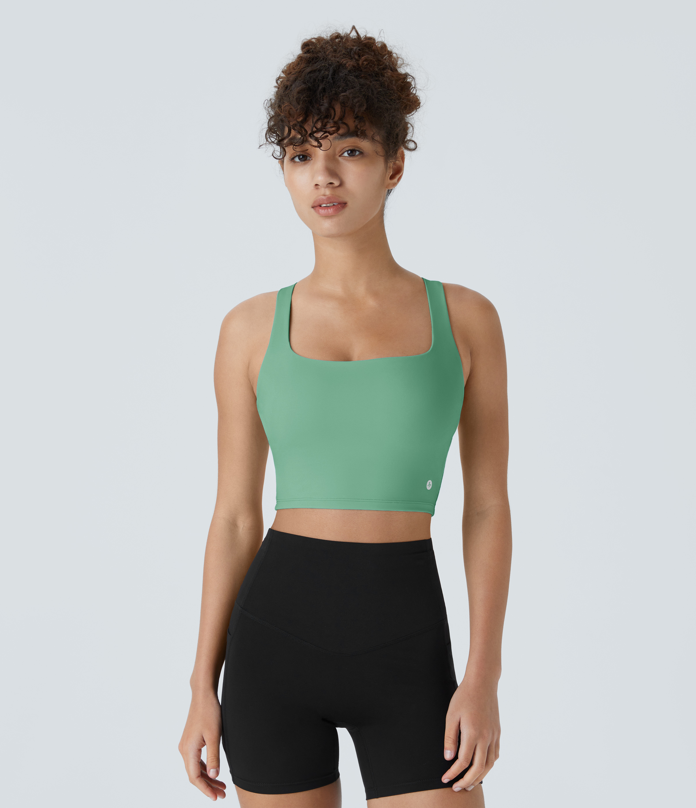 Halara Cloudfulв„ў Air Fabric Square Neck Backless Crisscross Cropped Cool Touch Yoga Tank Top Tank Top - Neptune Green - M golf tops 