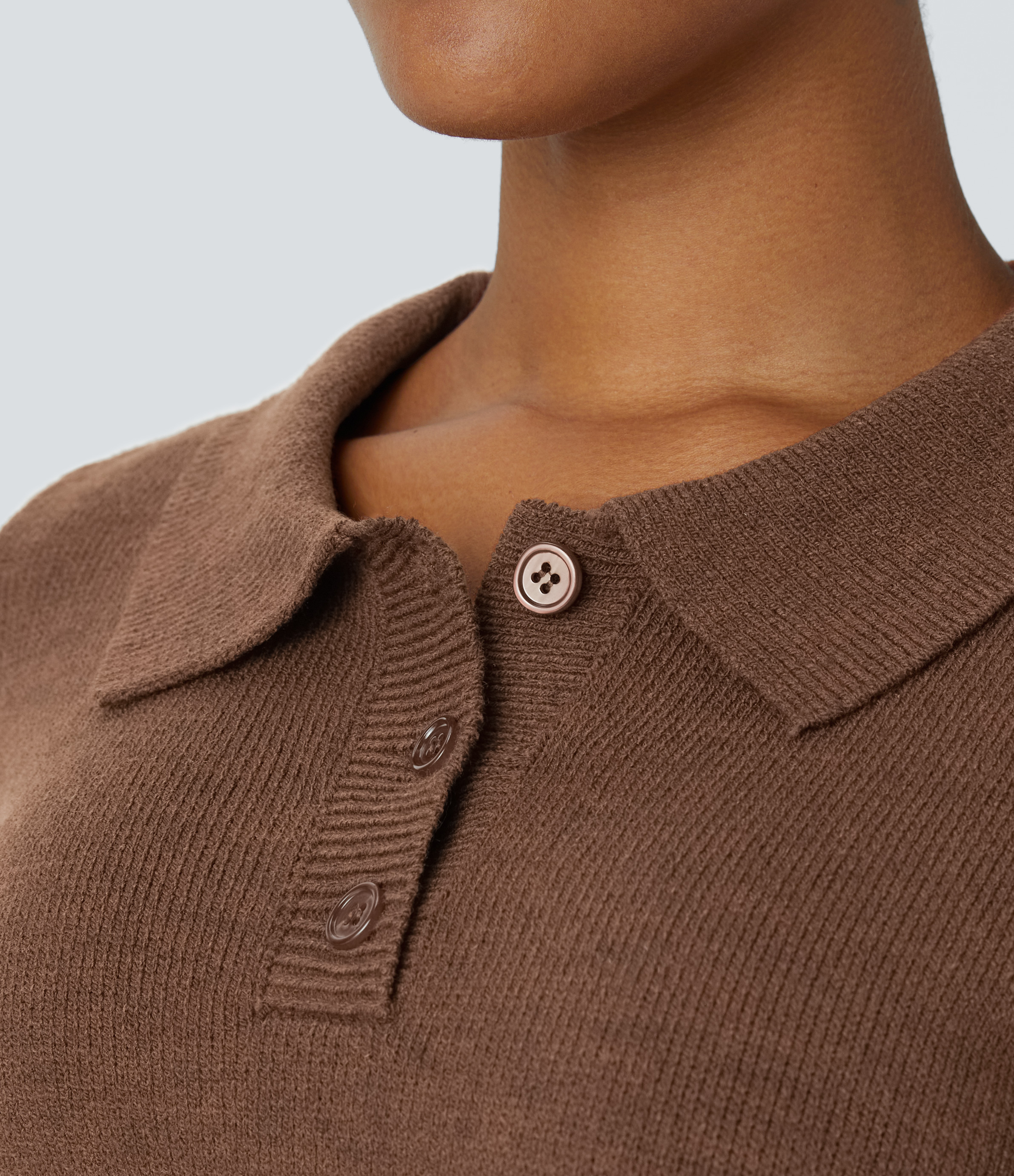 Halara Collared Button Front Long Sleeve Casual Sweater  - Sorrel Horse - S 