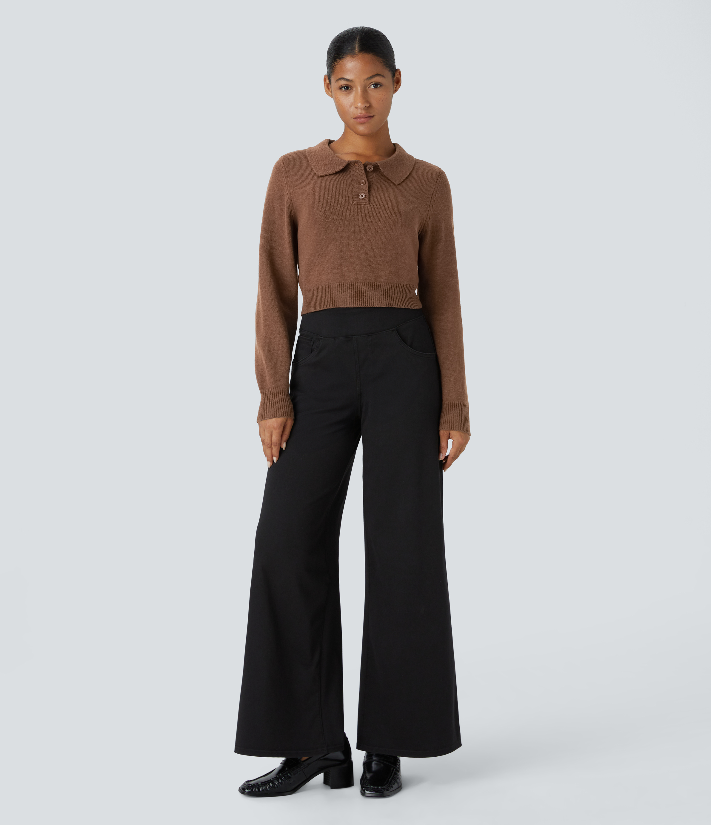 Halara Collared Button Front Long Sleeve Casual Sweater  - Sorrel Horse - S 
