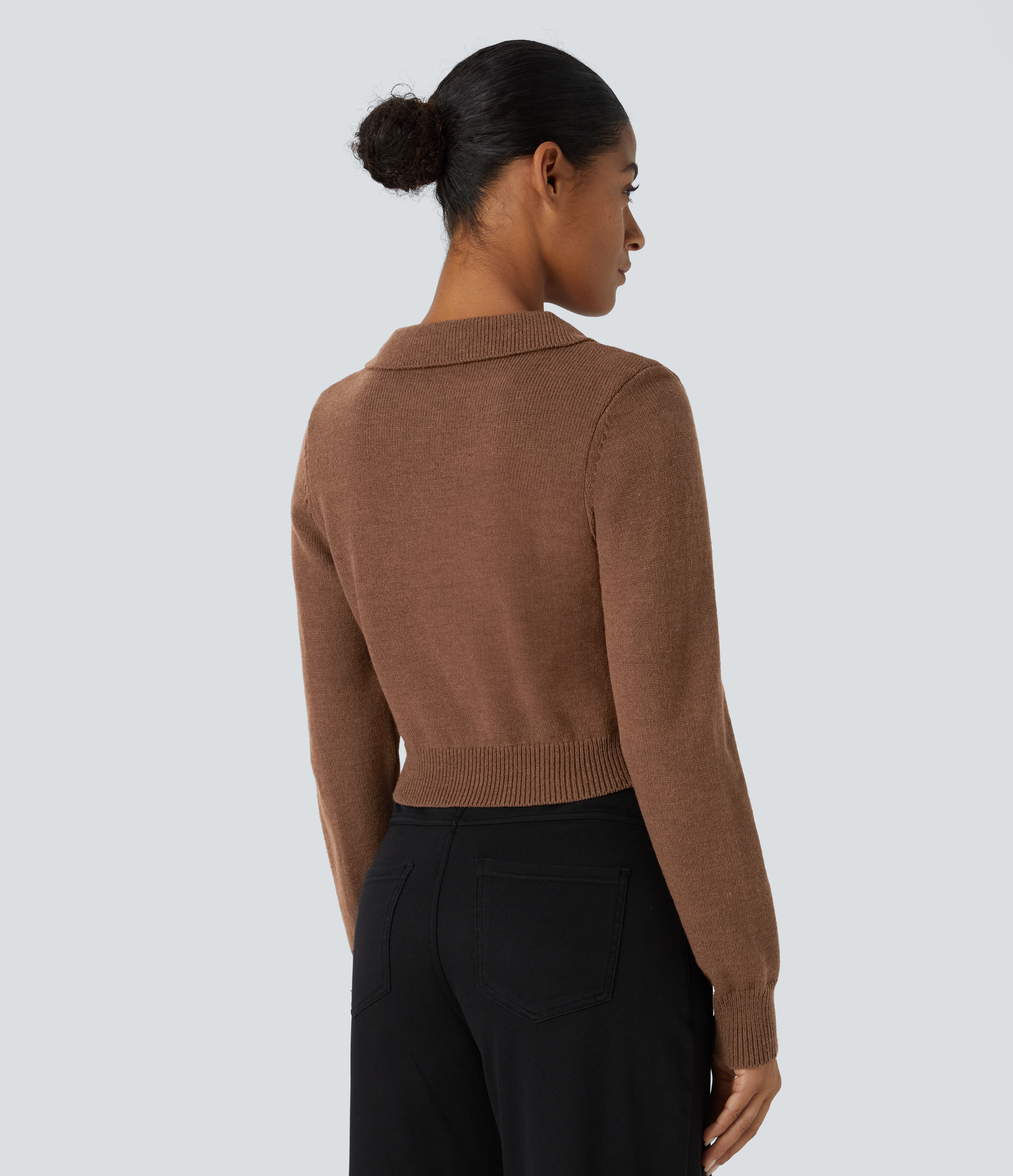 Halara Collared Button Front Long Sleeve Casual Sweater  - Sorrel Horse - S 