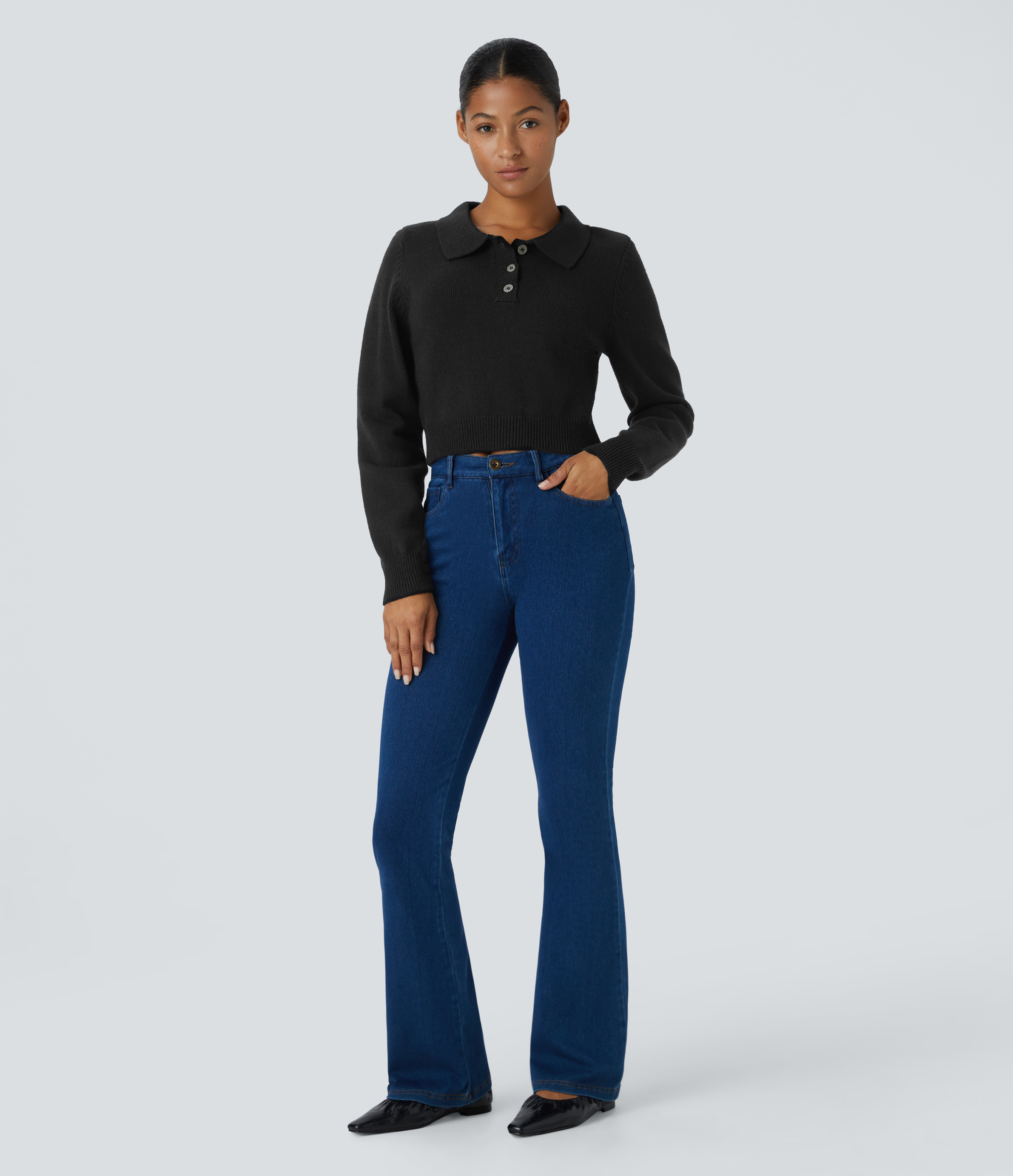 Halara Collared Button Front Long Sleeve Casual Sweater  - Black - S 
