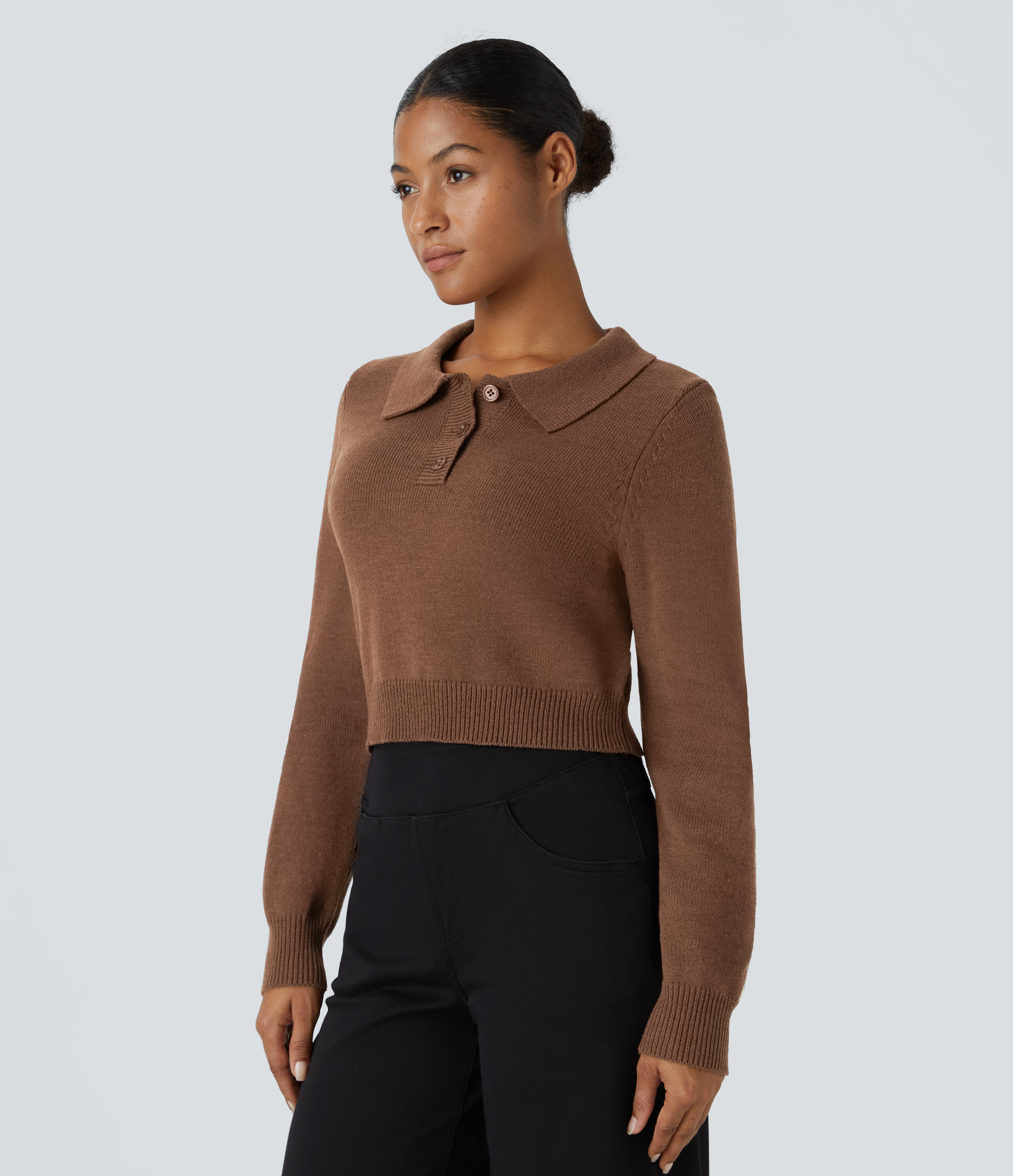 Halara Collared Button Front Long Sleeve Casual Sweater  - Sorrel Horse - S 