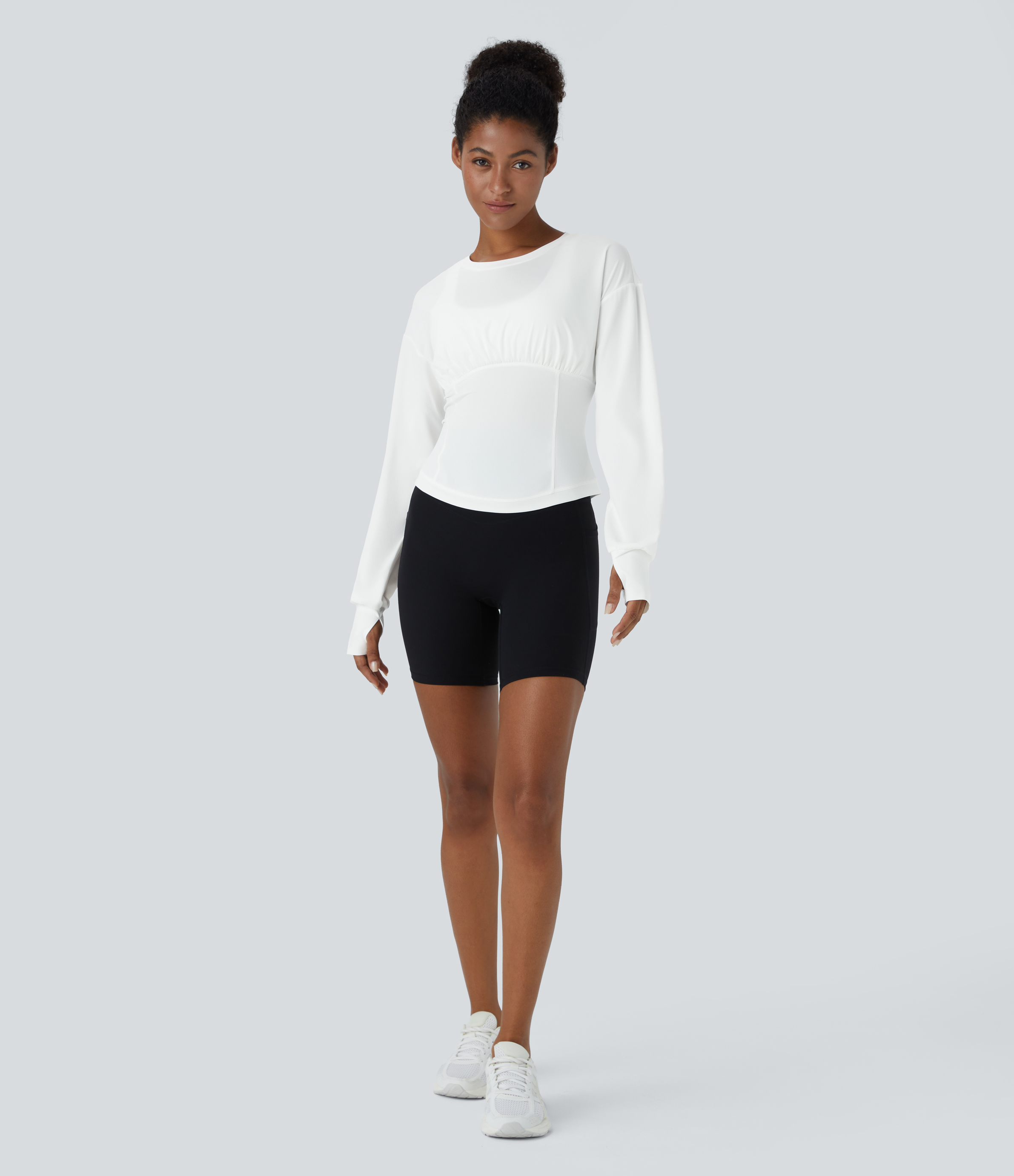Halara Round Neck Plicated Thumb Hole Slim Yoga Sports Top  - White - L 