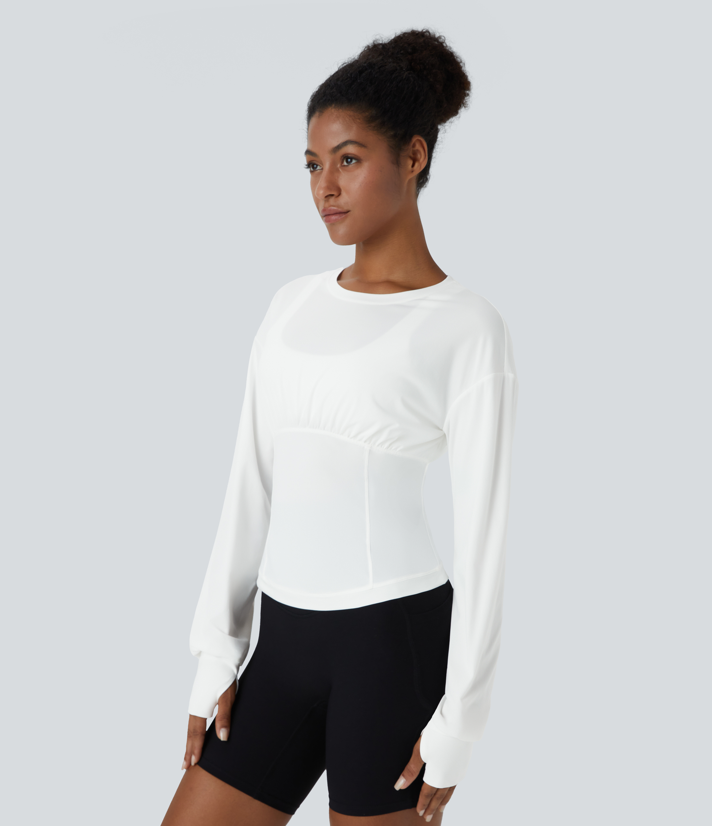 Halara Round Neck Plicated Thumb Hole Slim Yoga Sports Top  - White - L 