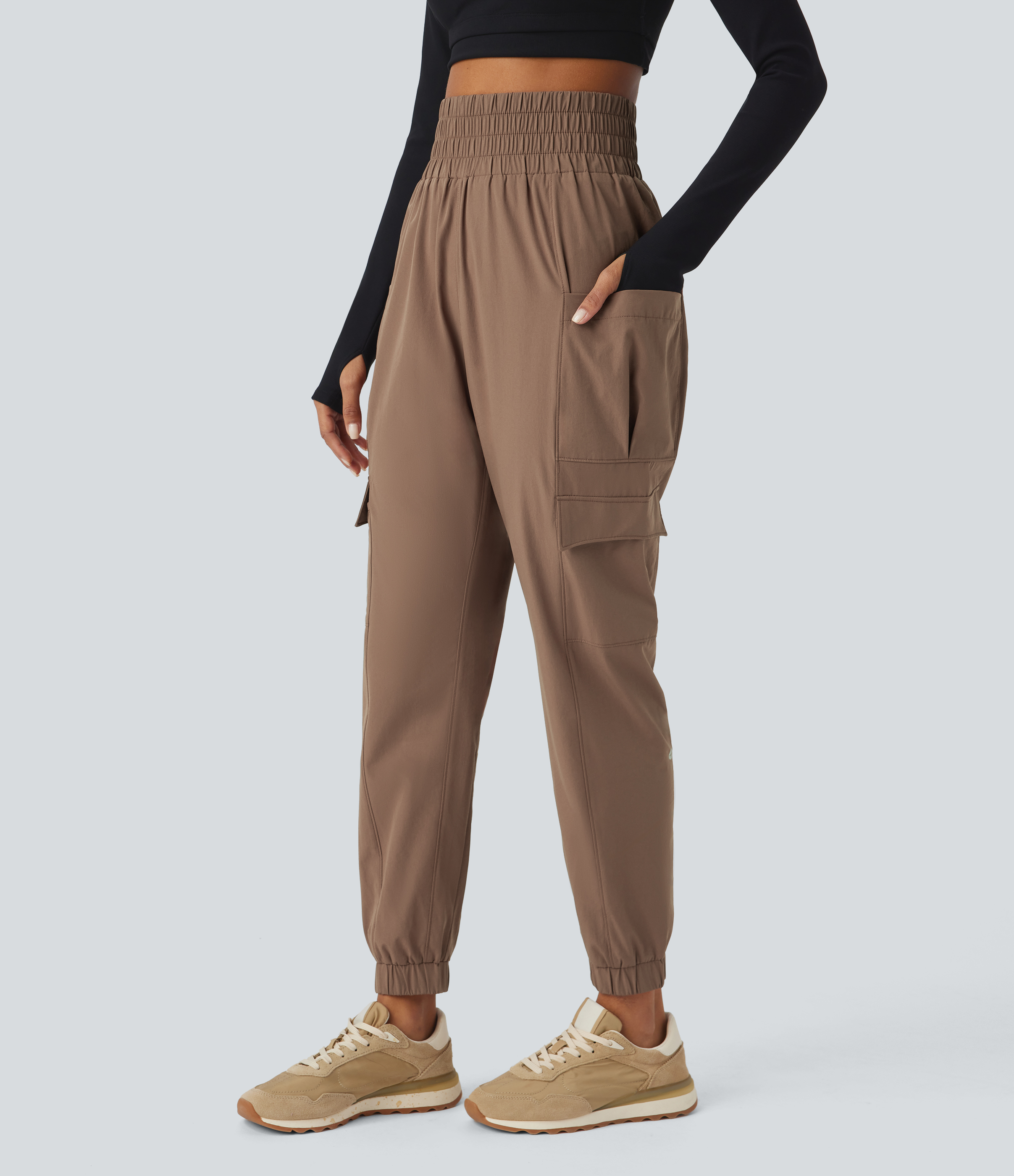 Halara Super High Waisted Foldover Plicated Multiple Pockets Hiking Cargo Joggers  - Muted Brown - M(regular) 