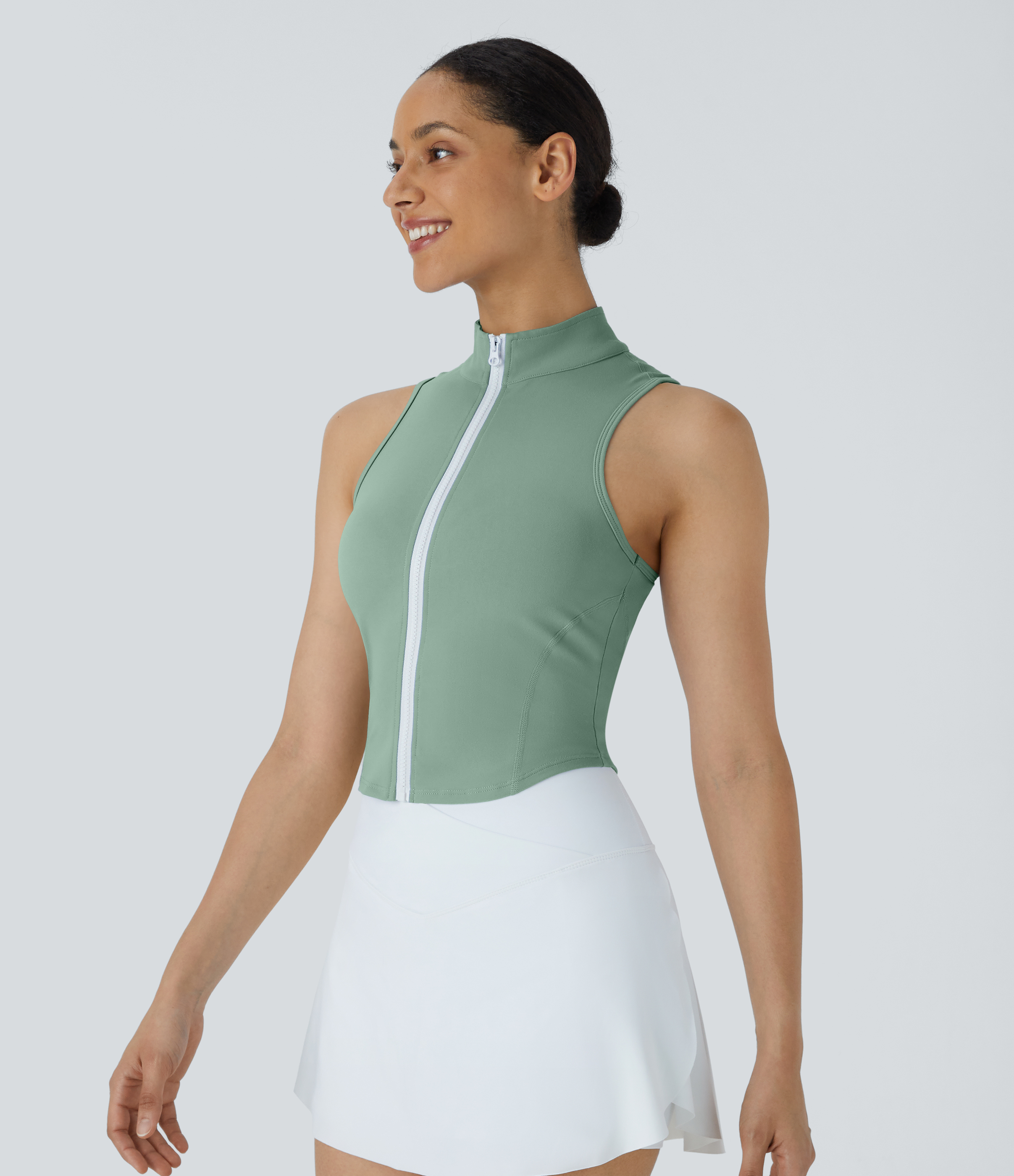 Halara Mock Neck Zip Front Sleeveless Cropped Tank Top Tank Top - Hedge Green - L golf tops halter top tunic tops sleeveless tops 