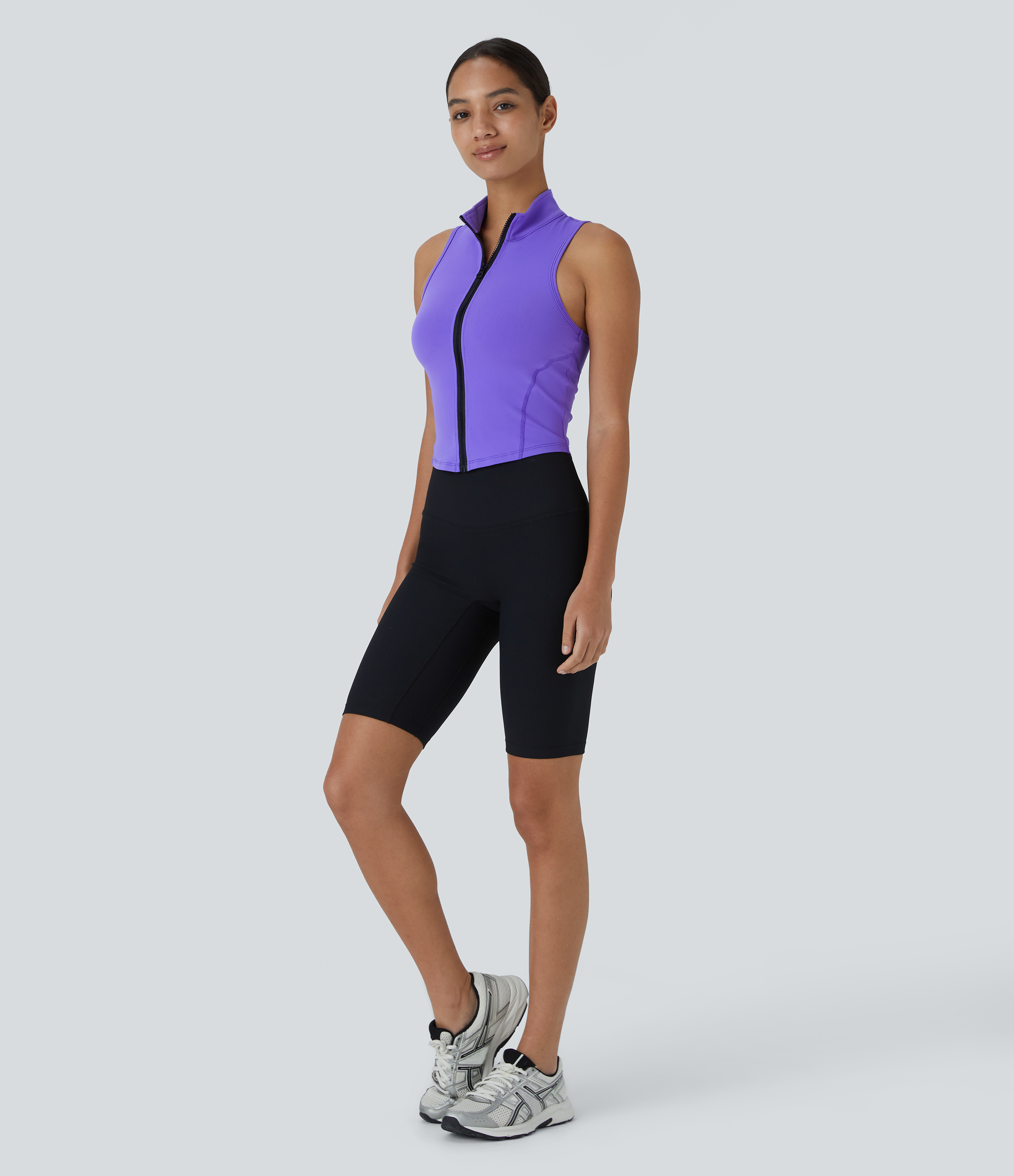 Halara Mock Neck Zip Front Sleeveless Cropped Tank Top Tank Top - Jade Purple - XL golf tops halter top tunic tops sleeveless tops 