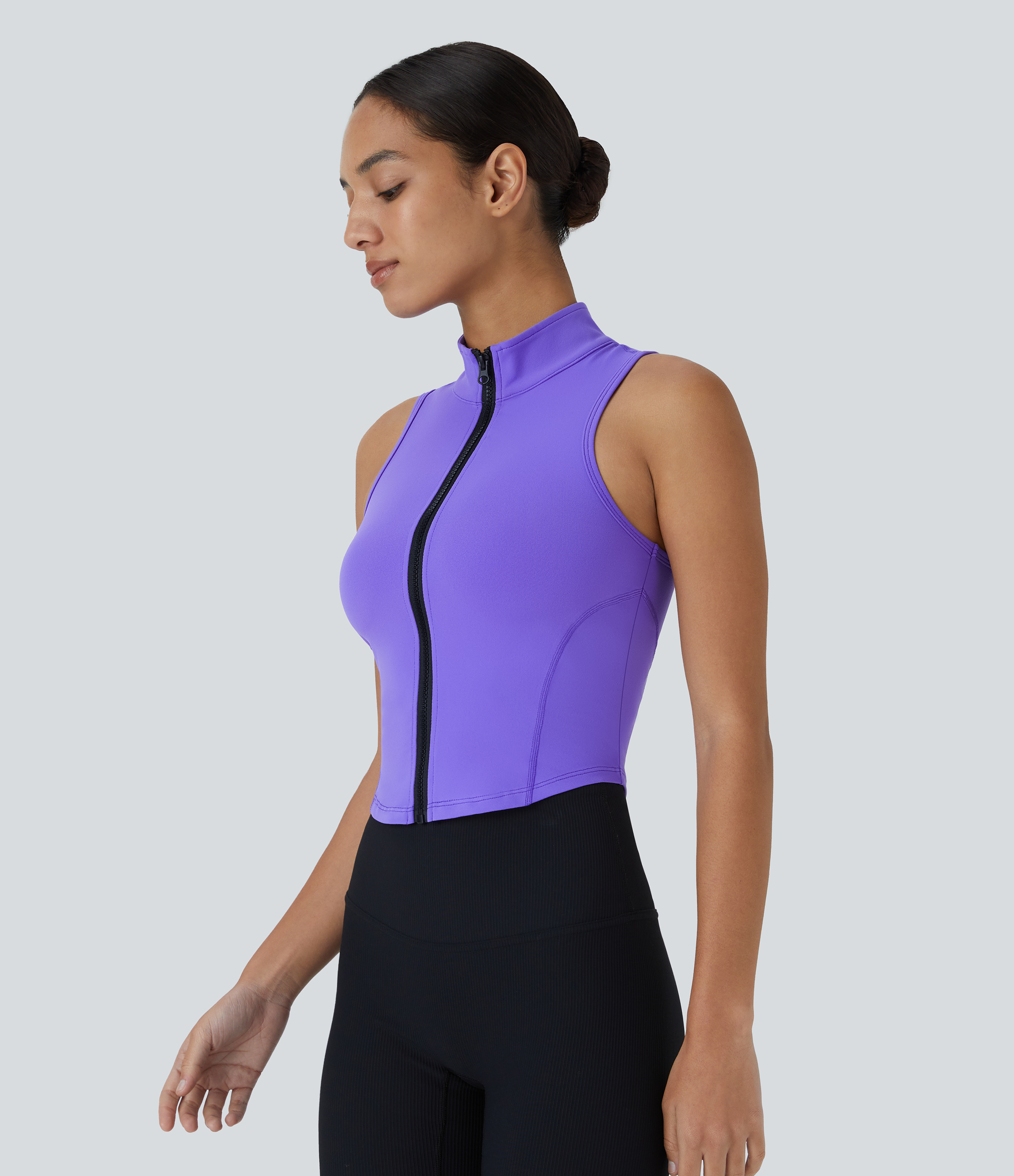 Halara Mock Neck Zip Front Sleeveless Cropped Tank Top Tank Top - Jade Purple - XL golf tops halter top tunic tops sleeveless tops 