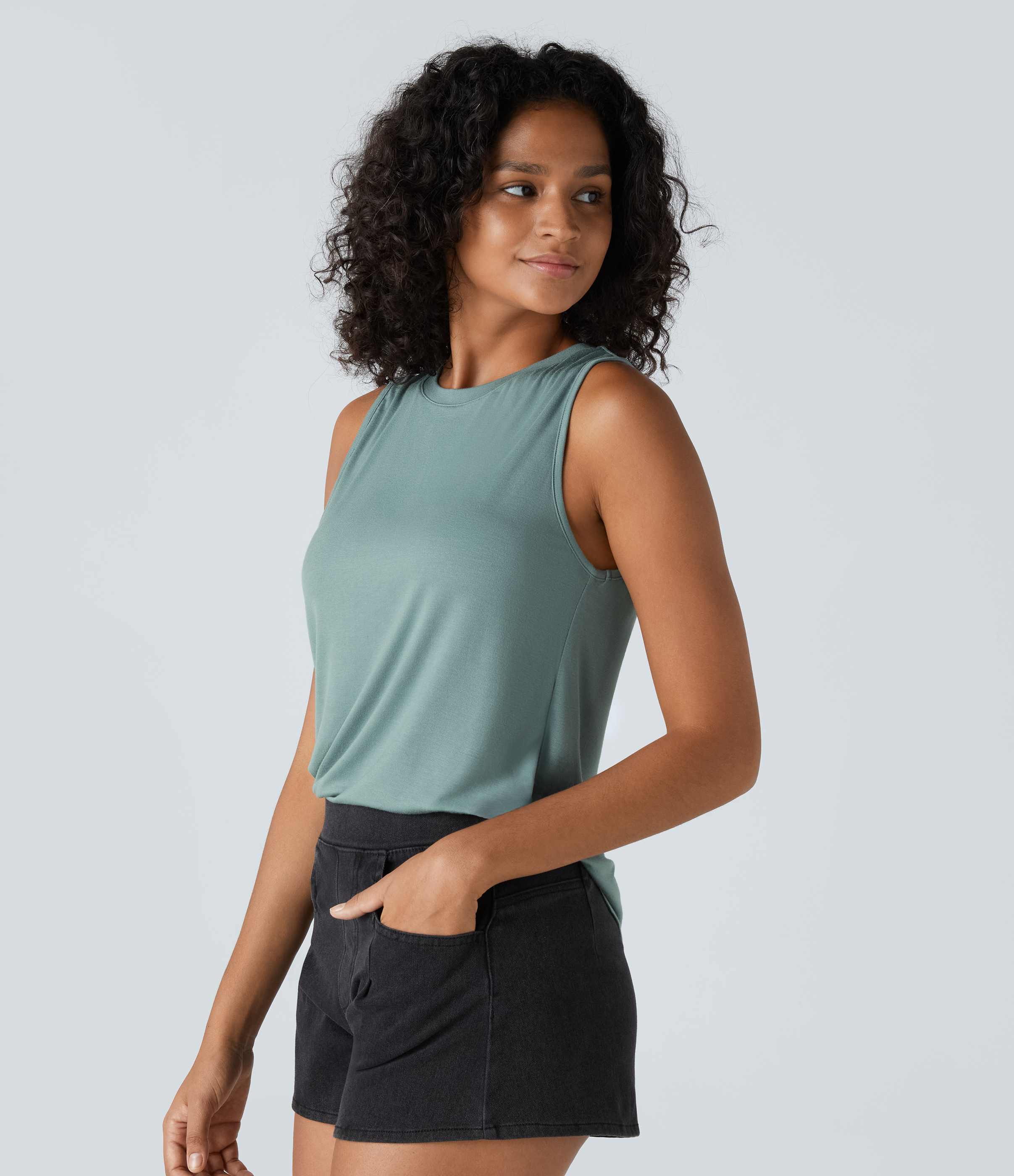 Halara Ribbed Round Neck Basic Casual Tank Top Tank Top - Clear Green - L golf tops halter top tunic tops sleeveless tops backless top 