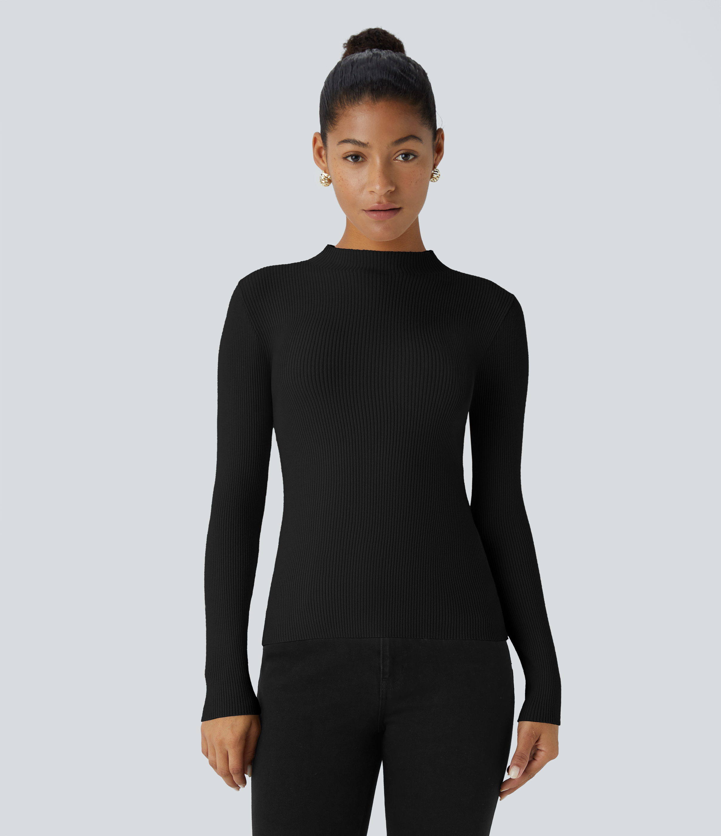 Halara Ribbed Knit Round Neck Long Sleeve Casual Sweater  - Black - XS 