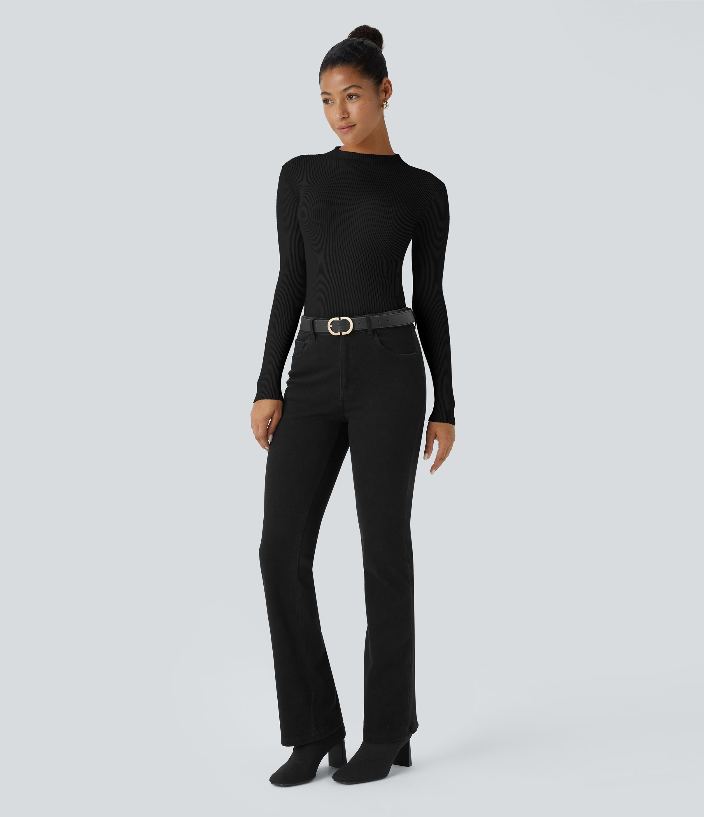 Halara Ribbed Knit Round Neck Long Sleeve Casual Sweater  - Black - XS 