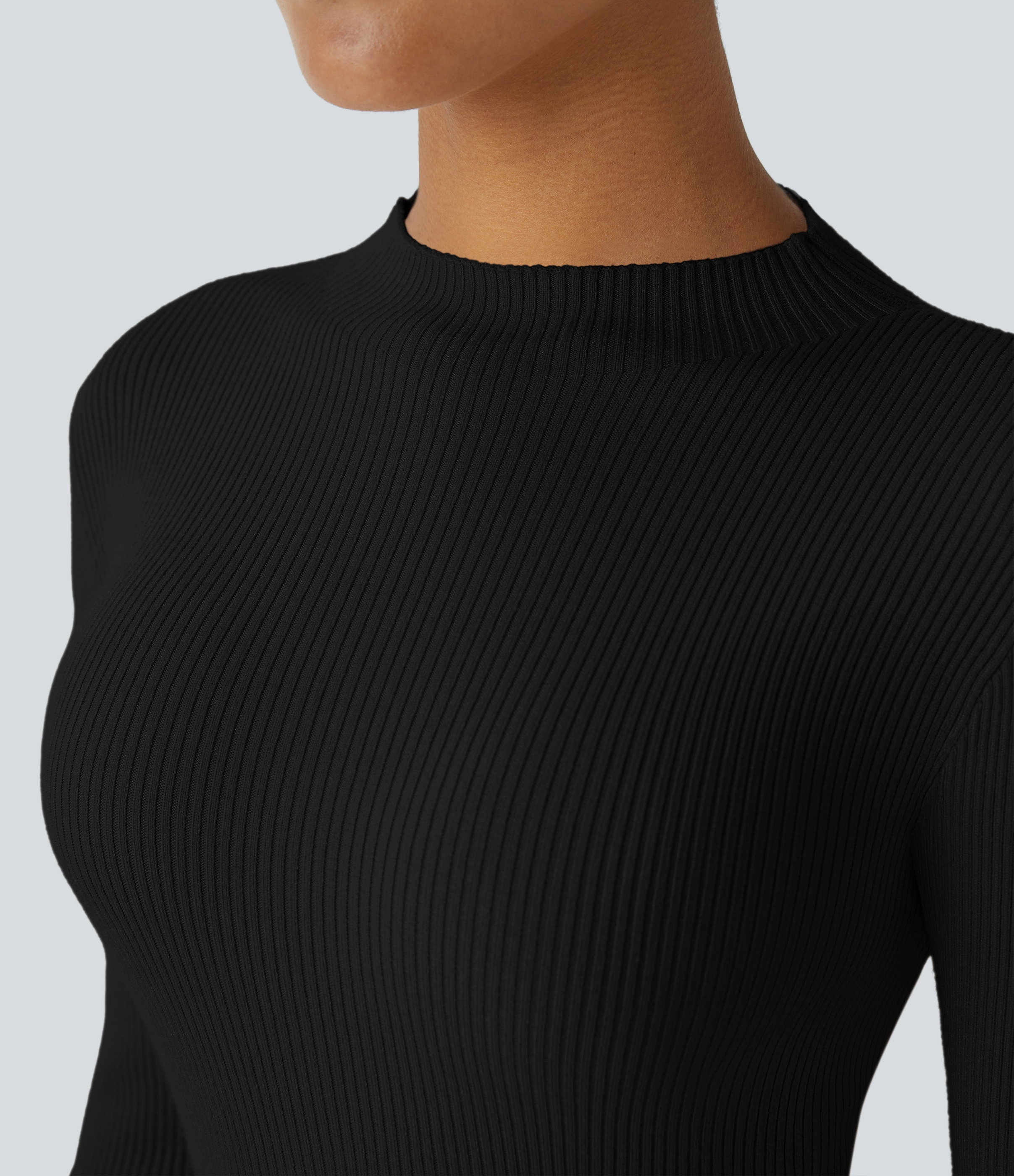 Halara Ribbed Knit Round Neck Long Sleeve Casual Sweater  - Black - XS 