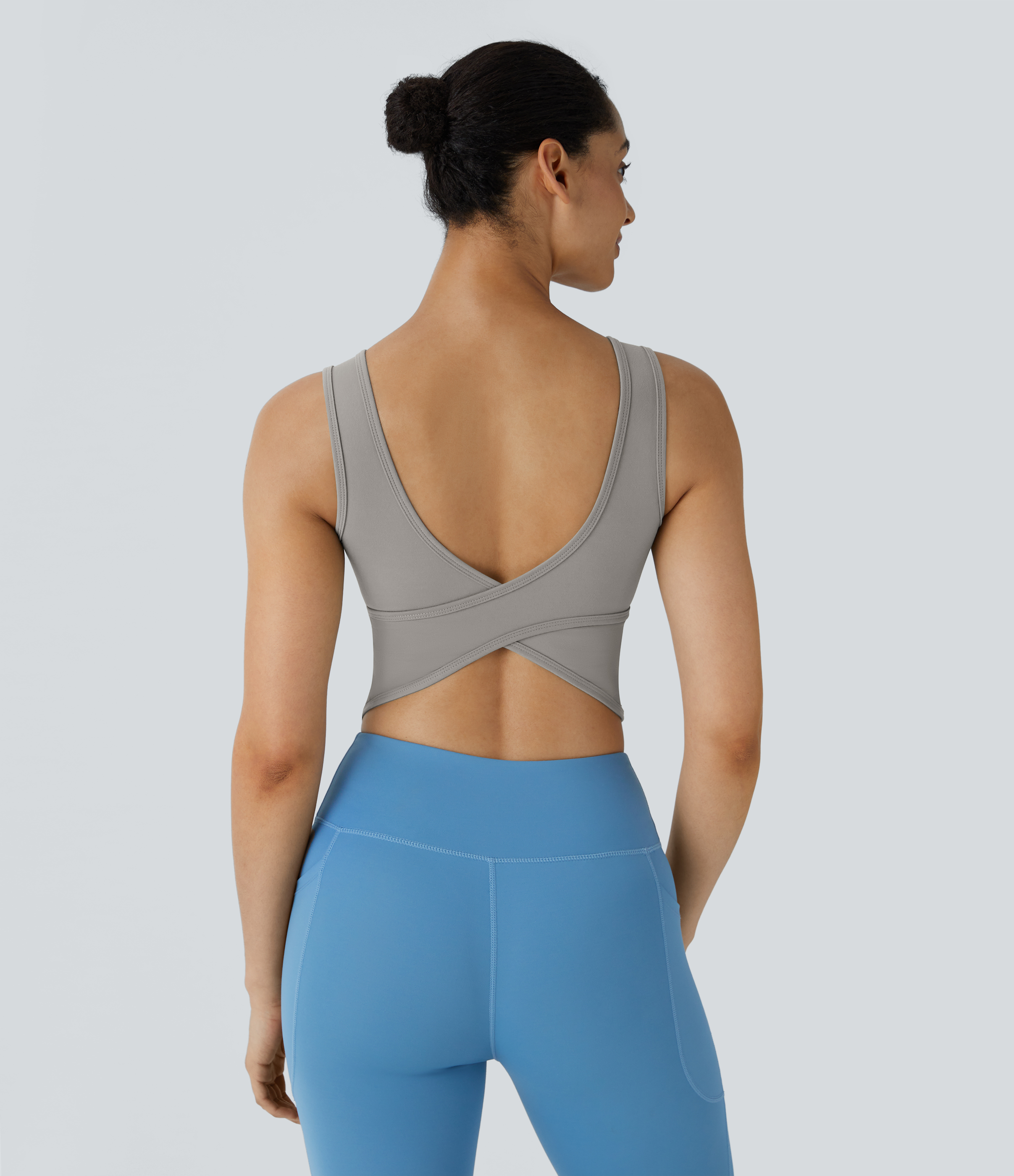 Halara U Neck Backless Crossover Barre Ballet Dance Tank Top Tank Top - Ghost Gray - XS golf tops halter top tunic tops sleeveless tops 