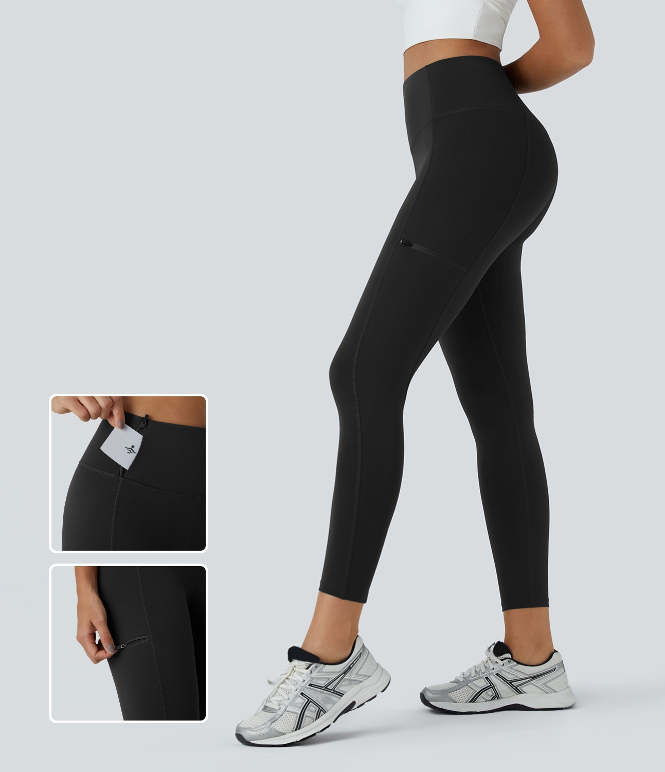 Halara High Waisted Multiple Zipper Pockets 7/8 Running Leggings  - Black - S(7/8) gym leggings leggings with pockets leggings with butt lift 