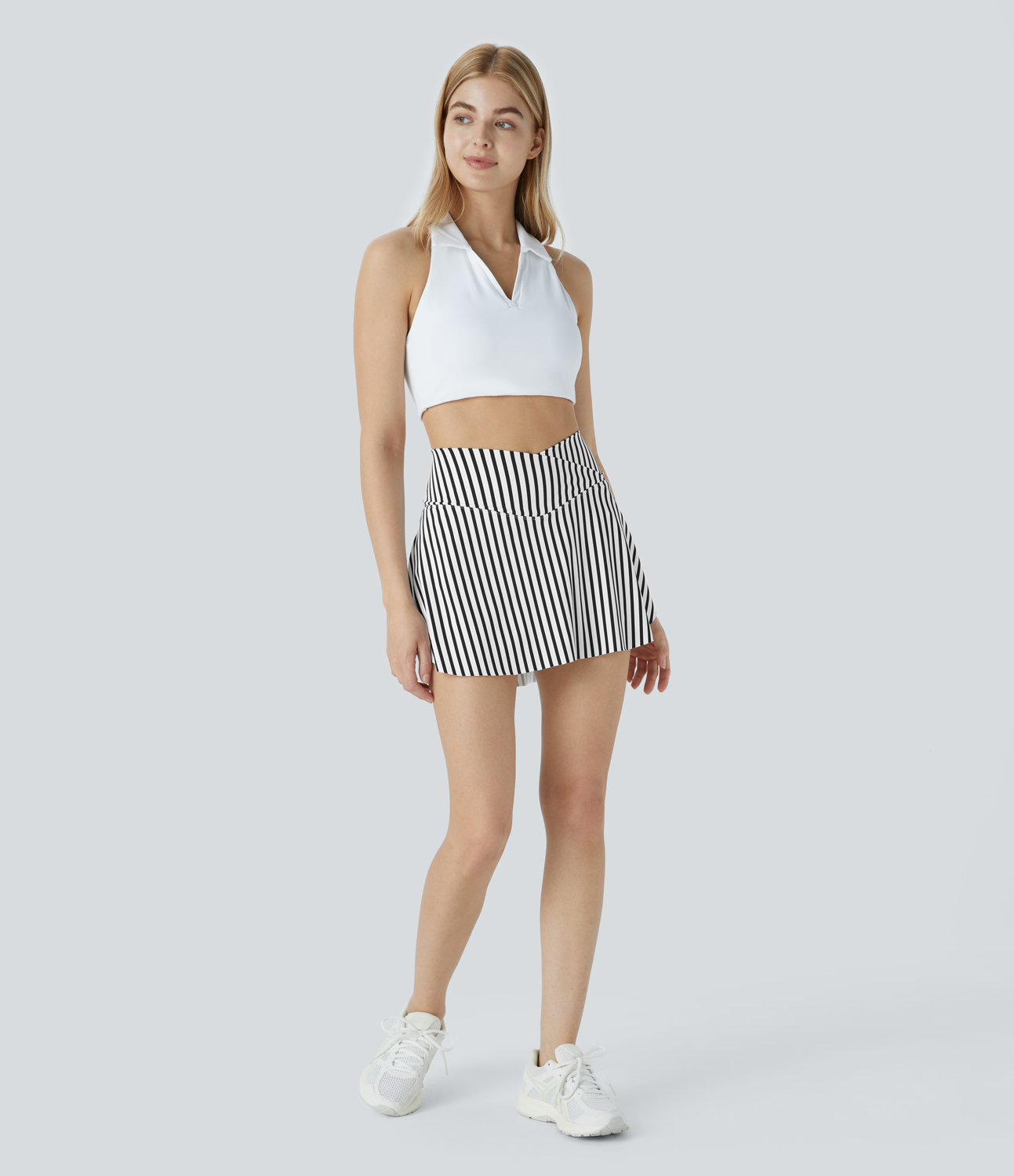 Halara High Waisted Crossover 2-in-1 Side Pocket Striped Mini Tennis Skirt  - White Black Stripe - XL(regular) midi skirt a line skirt 