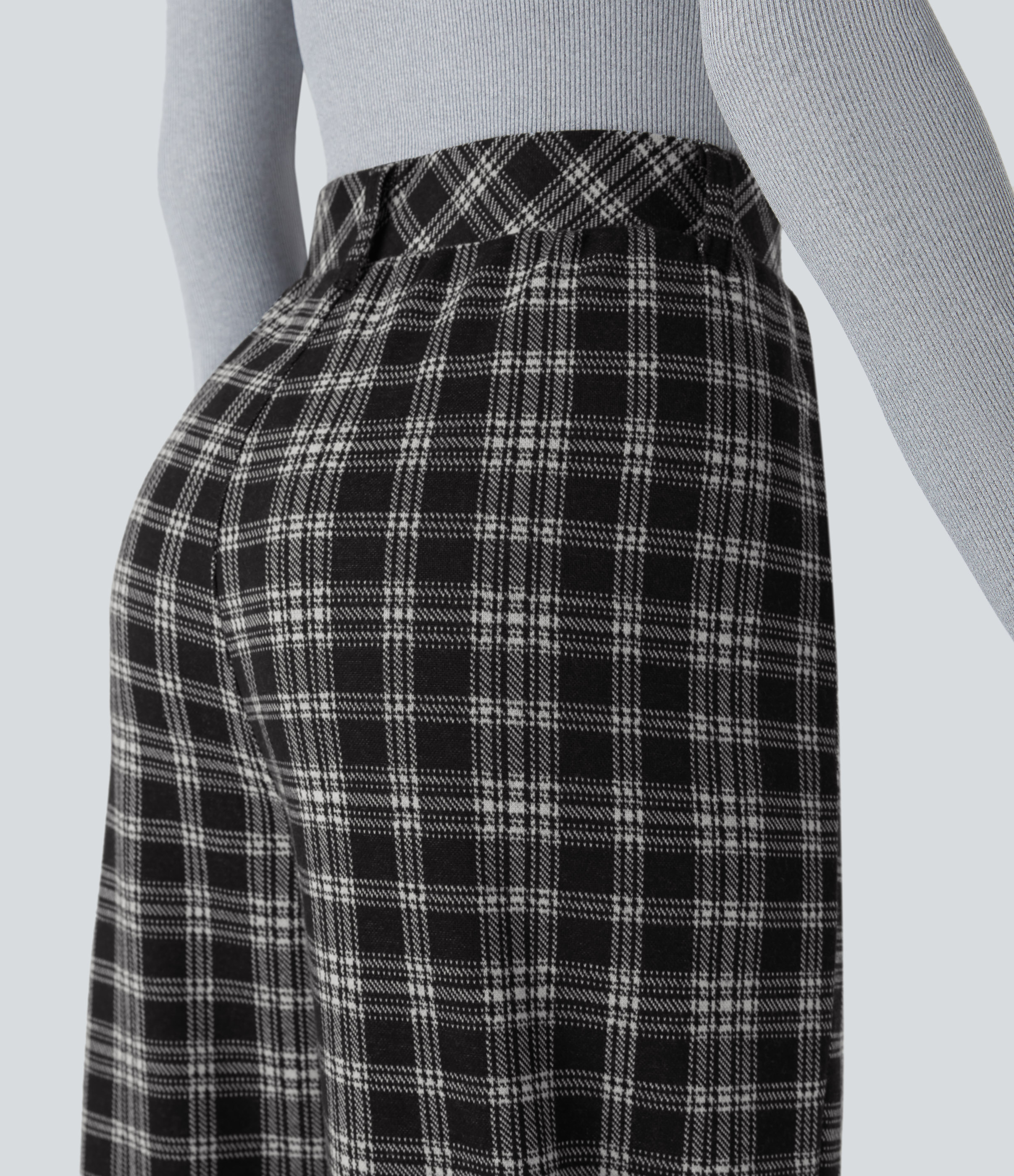 Halara High Waisted Side Pocket Wide Leg Houndstooth Plaid Casual Pants  - Black Tartan Plaid - XS(regular) sweatpants jogger pants 