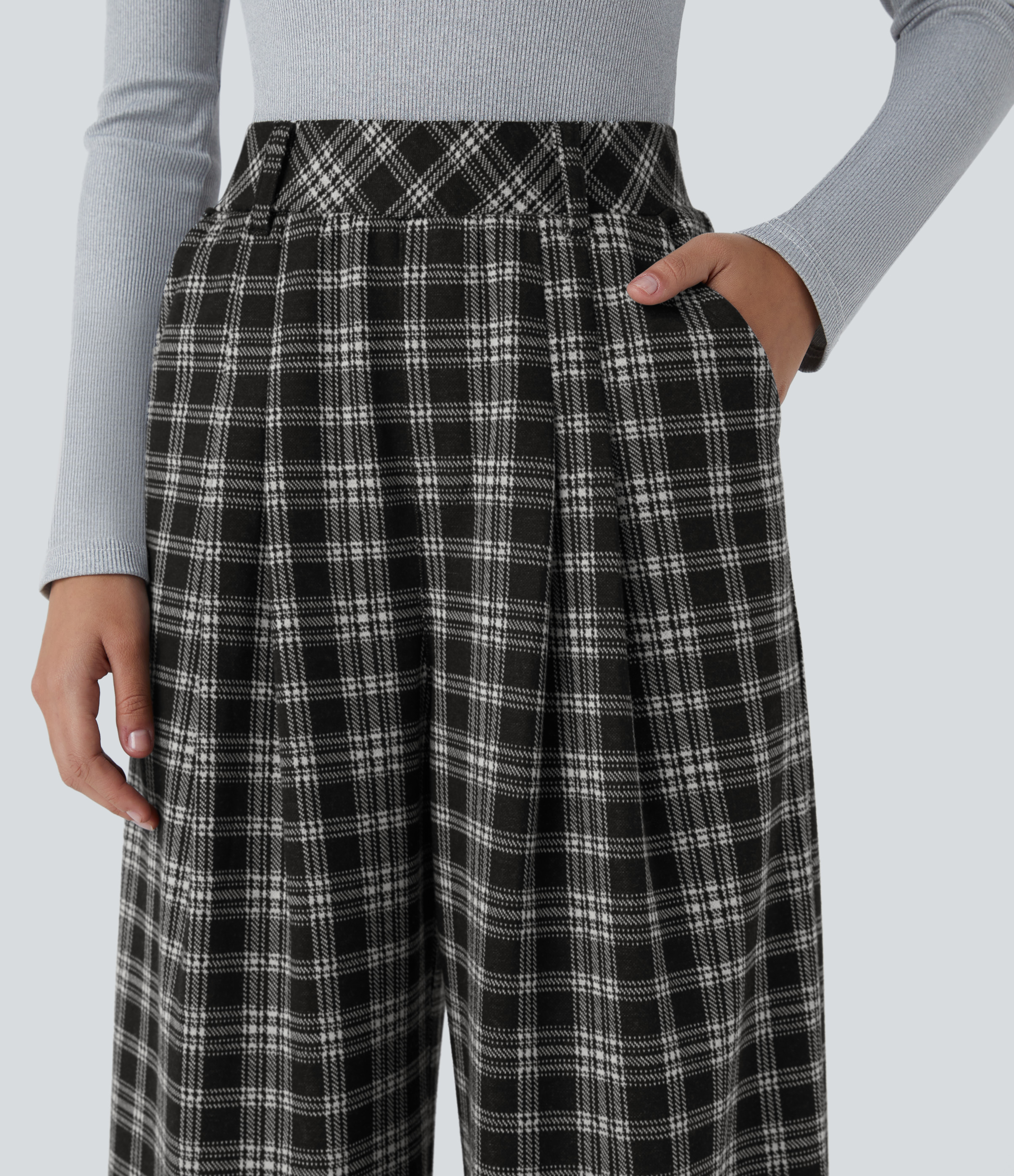 Halara High Waisted Side Pocket Wide Leg Houndstooth Plaid Casual Pants  - Black Tartan Plaid - XS(regular) sweatpants jogger pants 