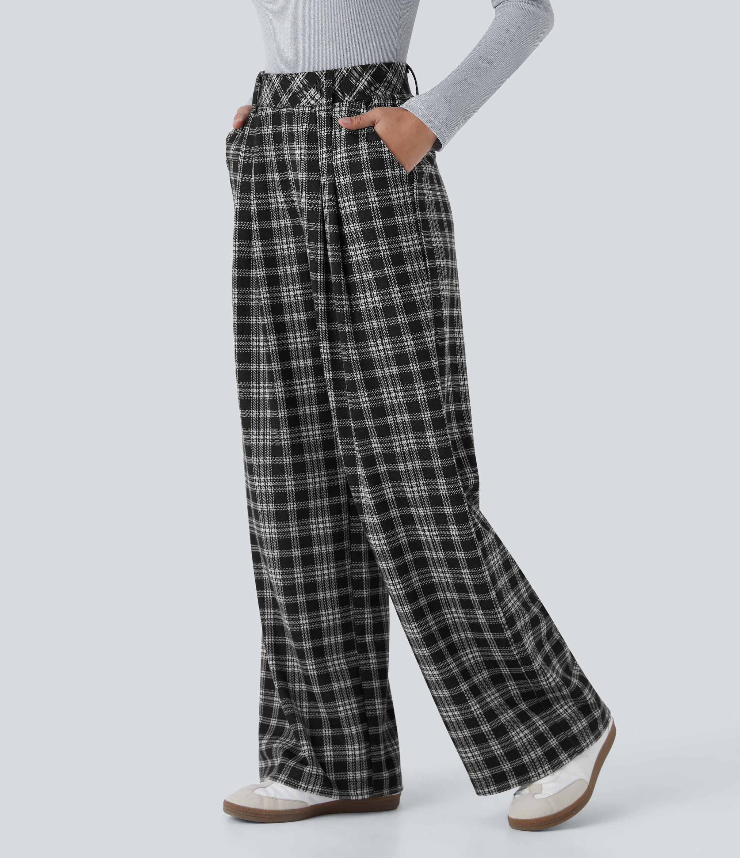 Halara High Waisted Side Pocket Wide Leg Houndstooth Plaid Casual Pants  - Black Tartan Plaid - XS(regular) sweatpants jogger pants 