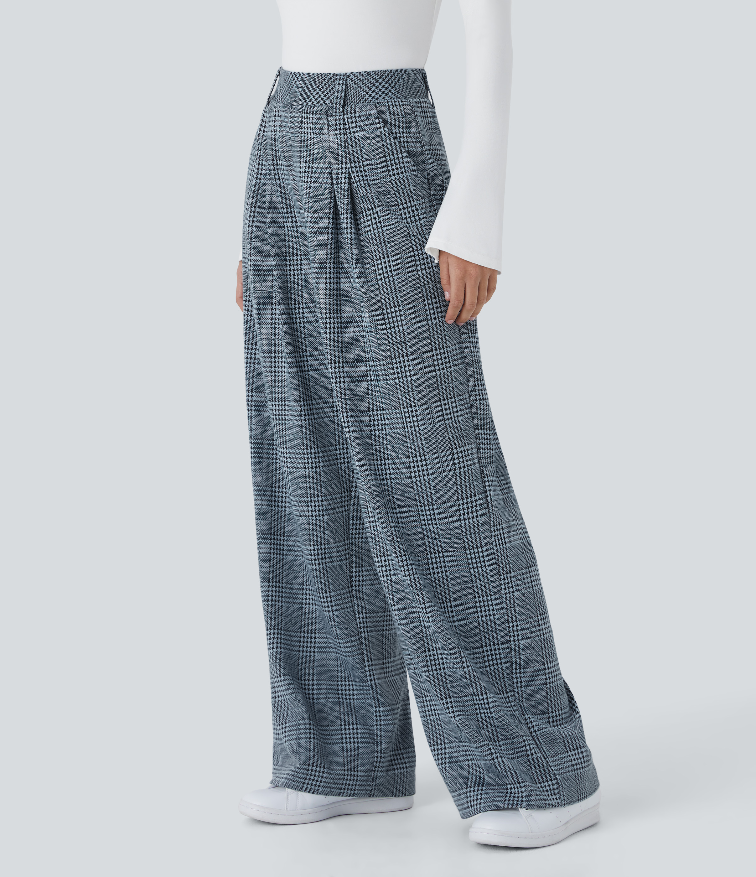 Halara High Waisted Side Pocket Wide Leg Houndstooth Plaid Casual Pants  - Grey Houndstooth Plaid - XS(regular) sweatpants jogger pants 