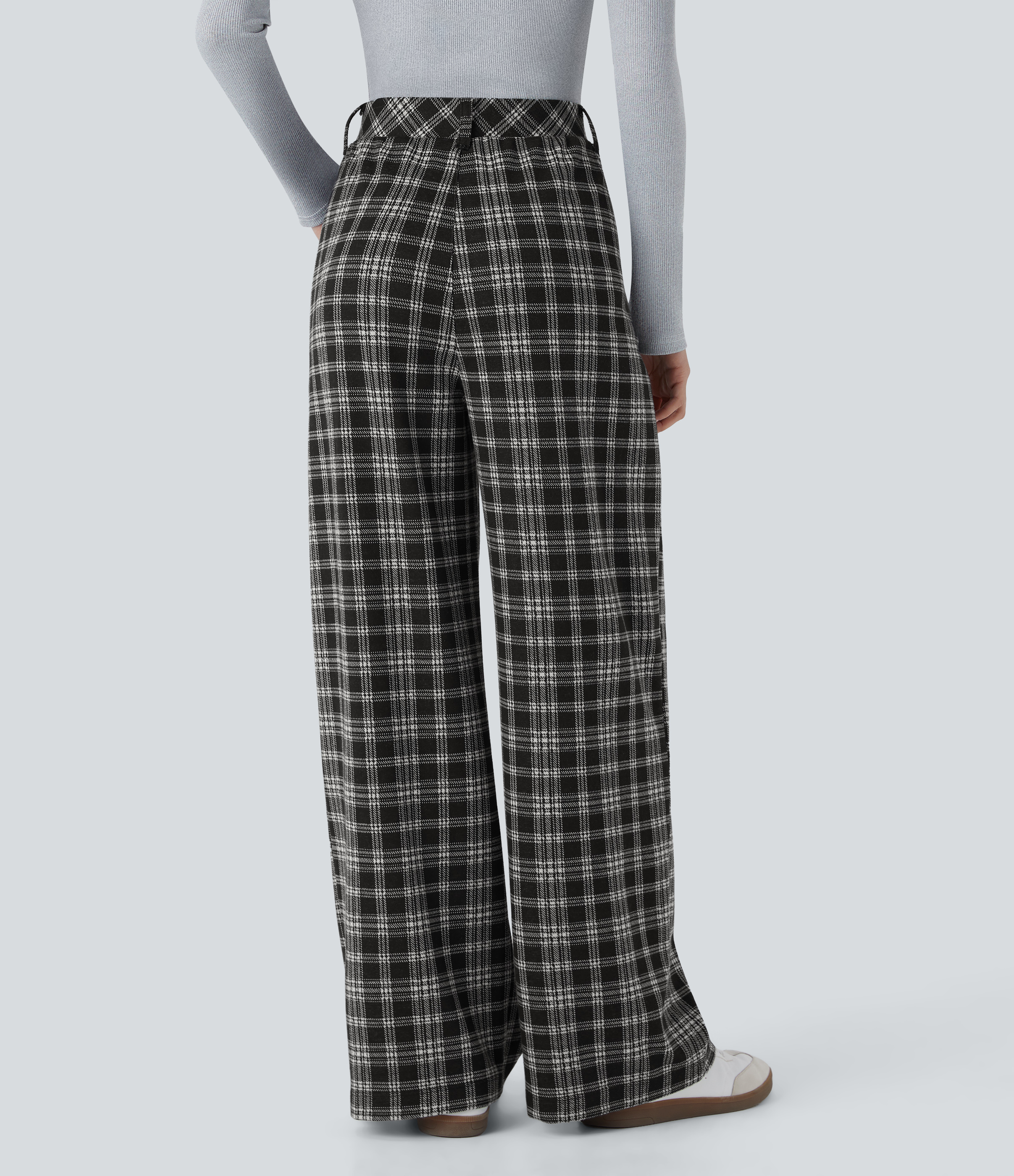Halara High Waisted Side Pocket Wide Leg Houndstooth Plaid Casual Pants  - Black Tartan Plaid - XS(regular) sweatpants jogger pants 