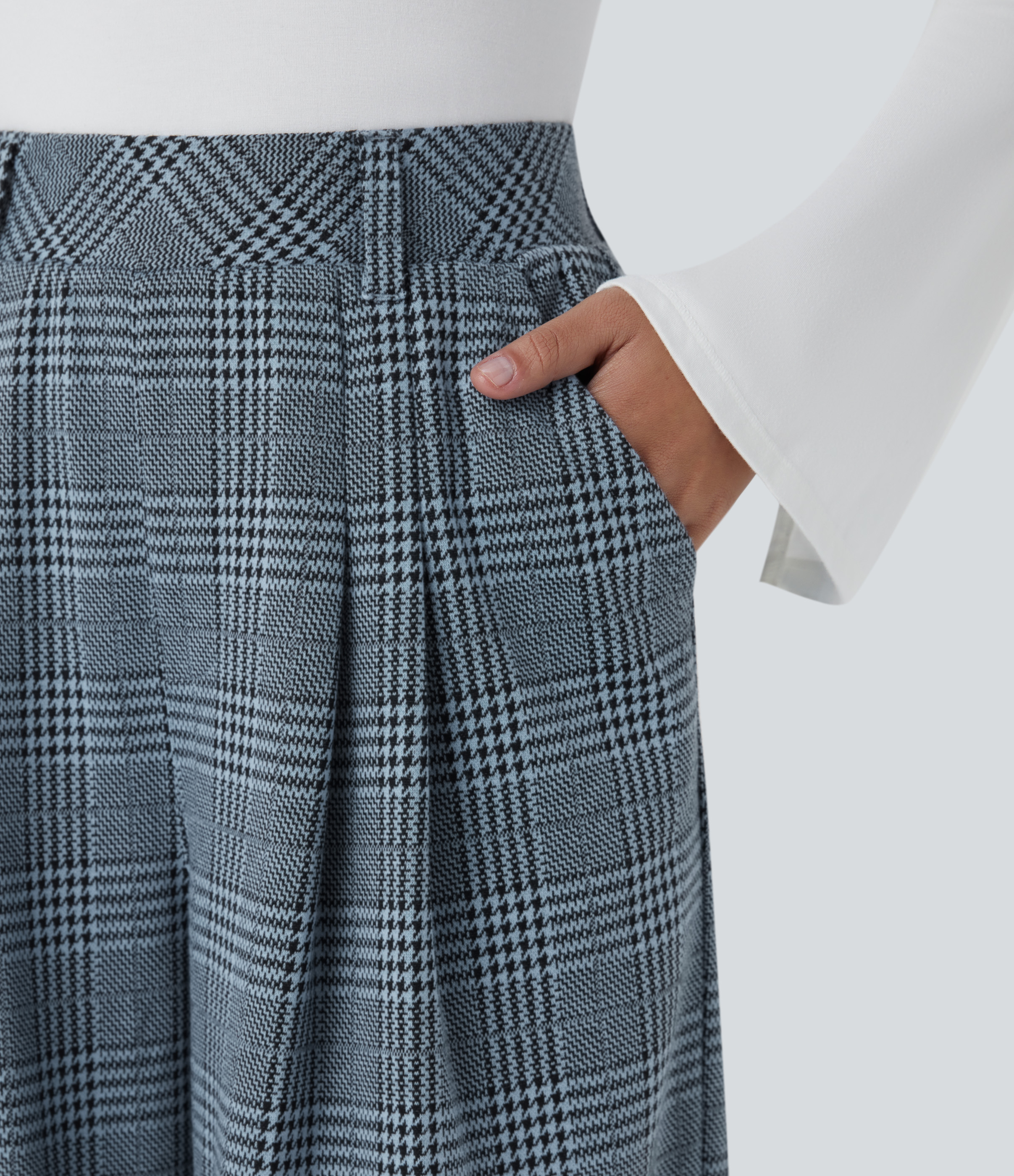 Halara High Waisted Side Pocket Wide Leg Houndstooth Plaid Casual Pants  - Grey Houndstooth Plaid - XS(regular) sweatpants jogger pants 