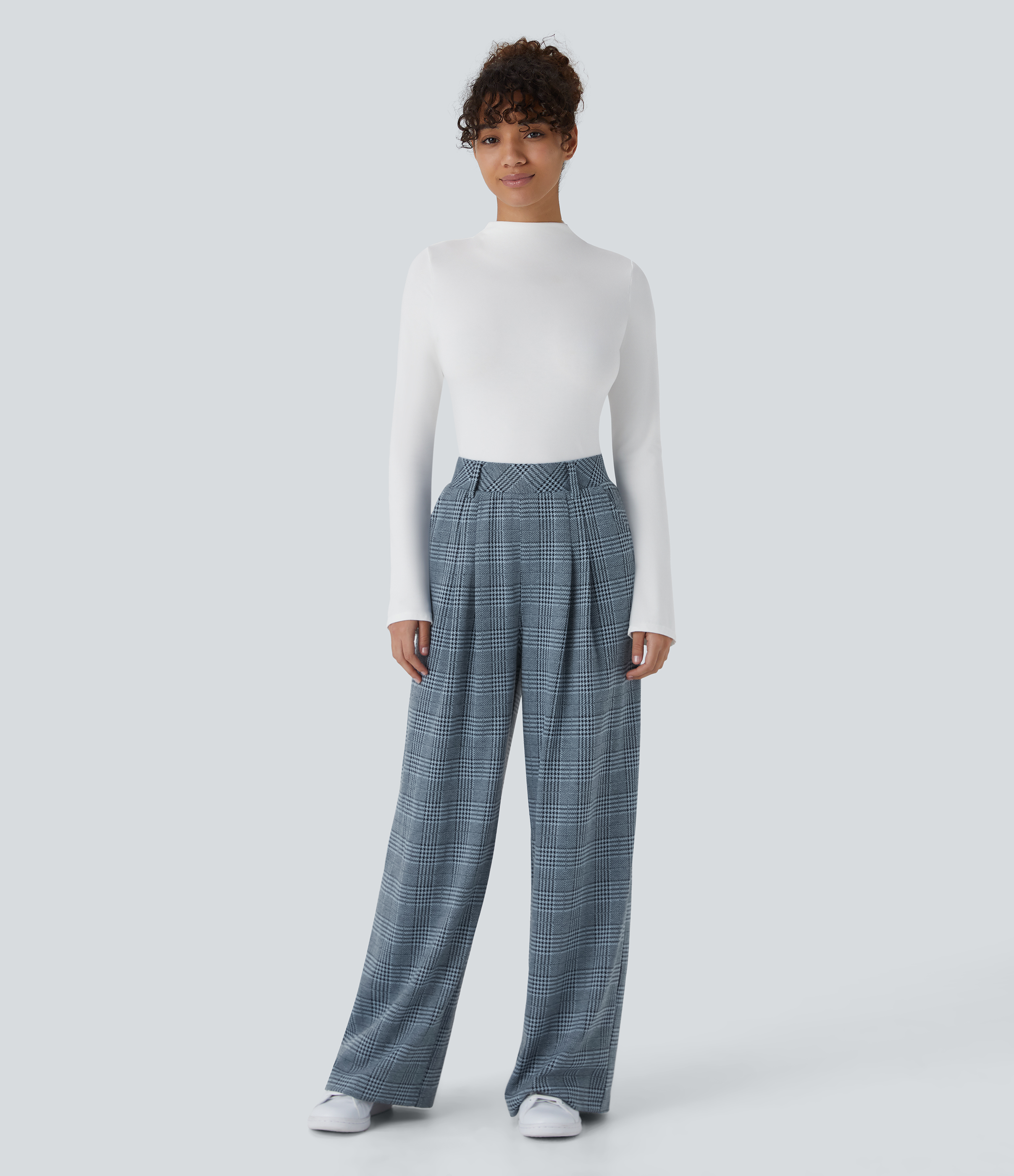 Halara High Waisted Side Pocket Wide Leg Houndstooth Plaid Casual Pants  - Grey Houndstooth Plaid - XS(regular) sweatpants jogger pants 