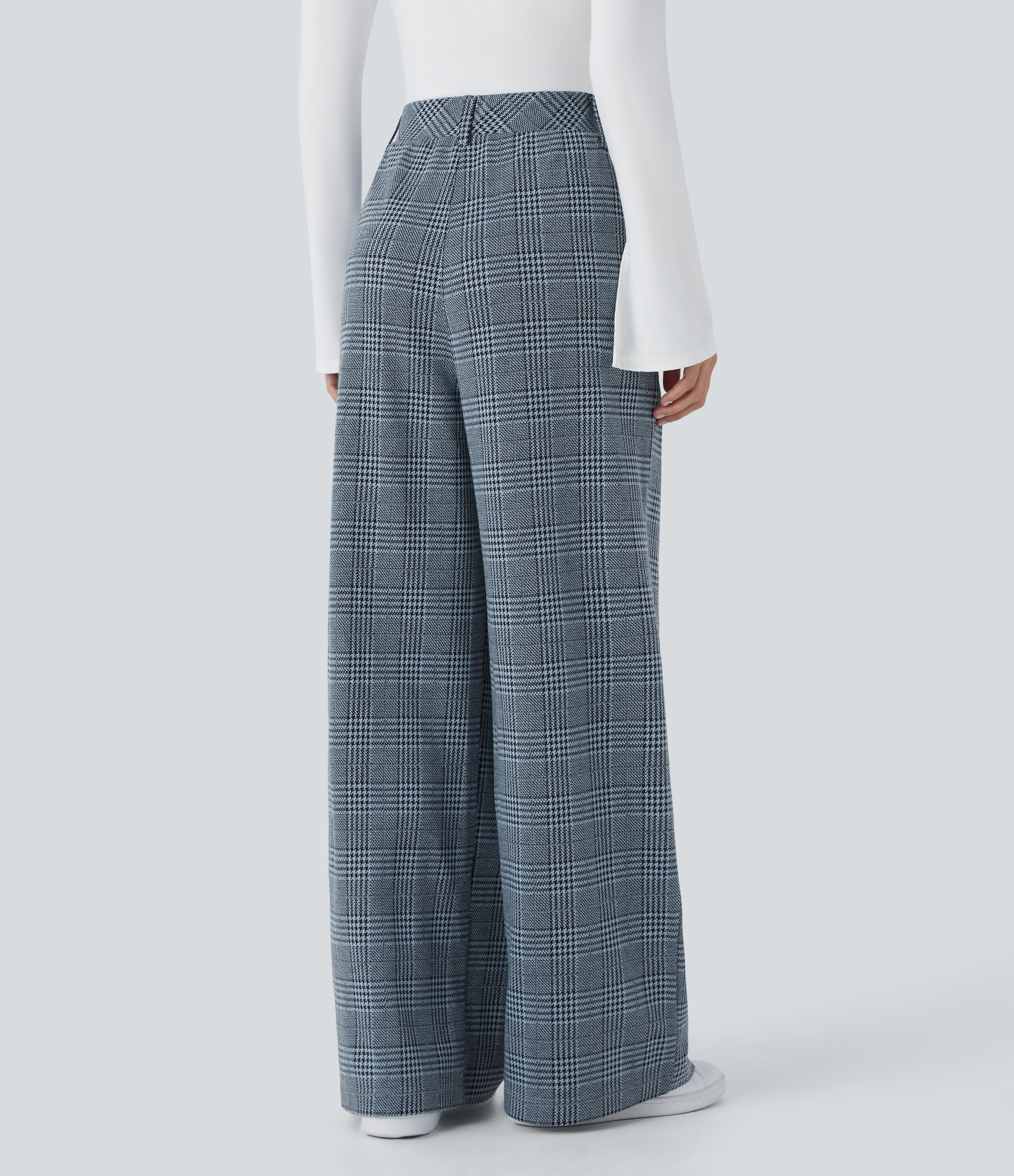 Halara High Waisted Side Pocket Wide Leg Houndstooth Plaid Casual Pants  - Grey Houndstooth Plaid - XS(regular) sweatpants jogger pants 