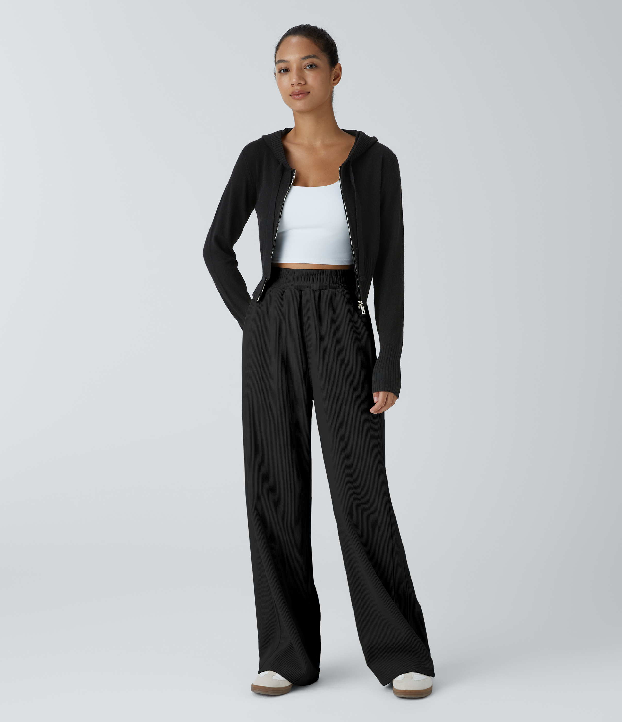 Halara High Waisted Side Pocket Straight Leg Mop Corduroy Casual Pants  - Black - XL(petite) sweatpants jogger pants stacked sweatpants 