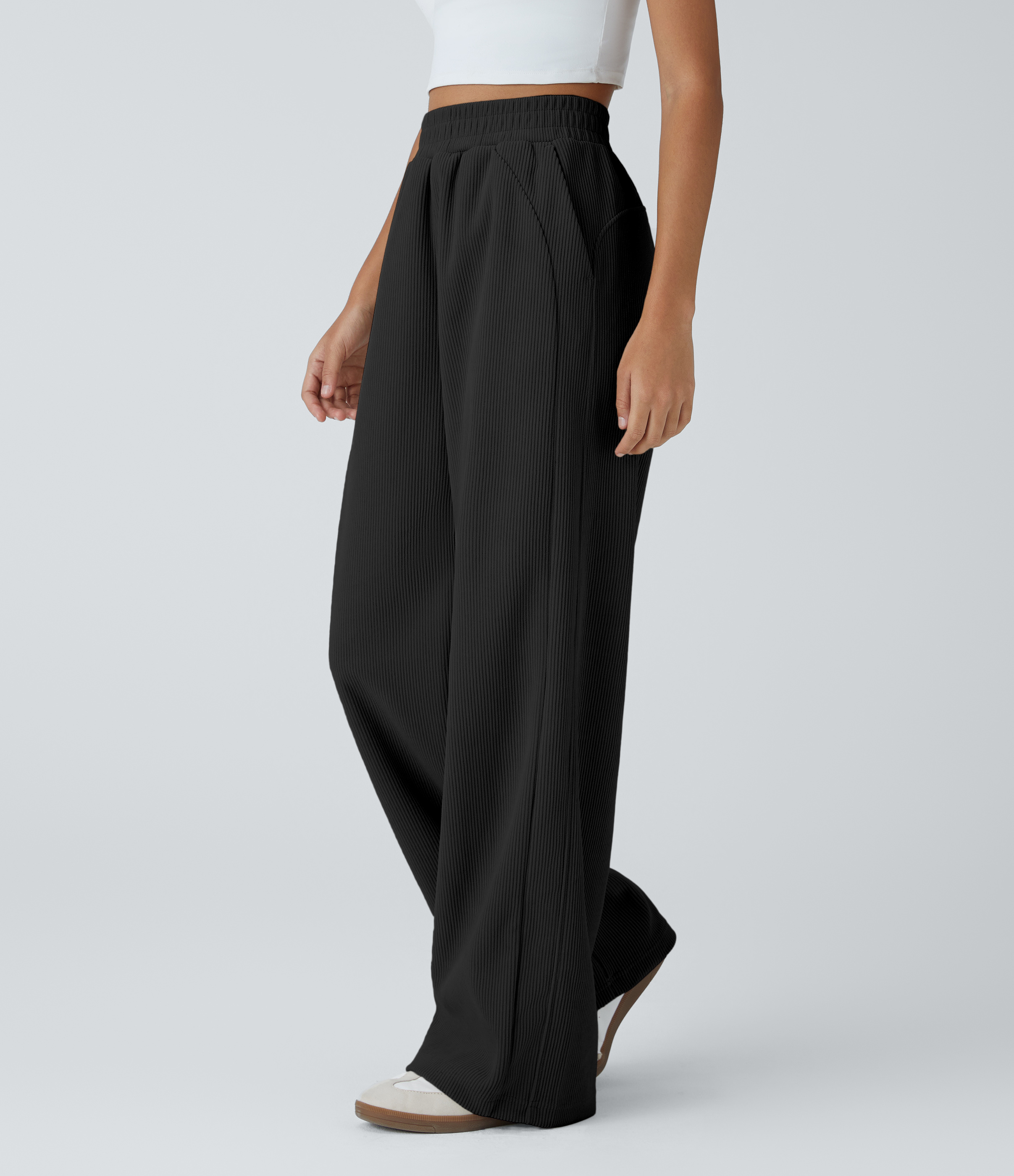 Halara High Waisted Side Pocket Straight Leg Mop Corduroy Casual Pants  - Black - XL(petite) sweatpants jogger pants stacked sweatpants 