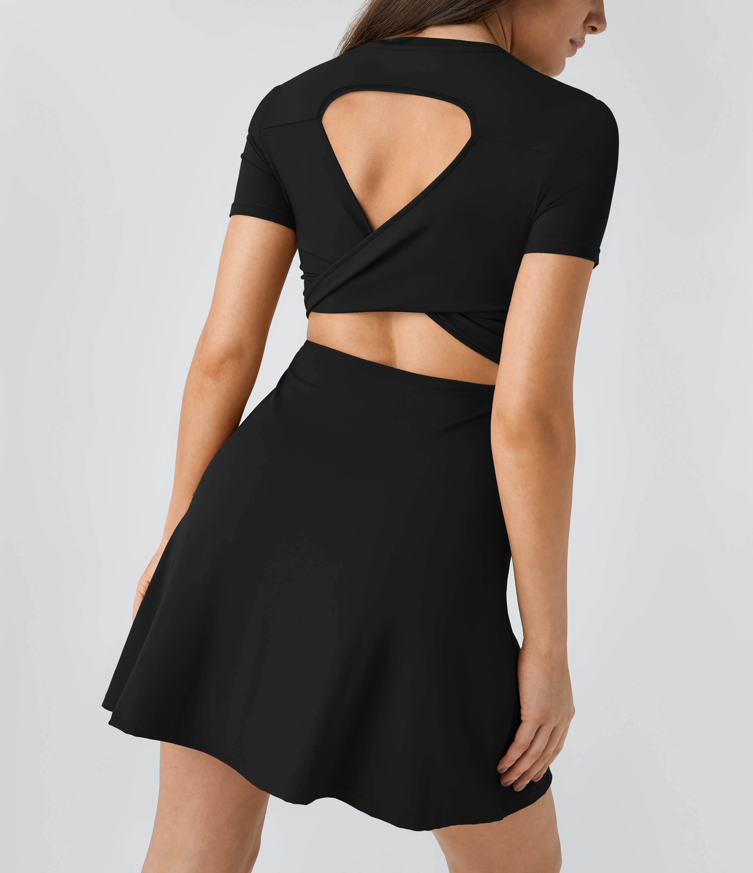 Halara Backless Twisted Cut Out Flare Mini Dance Active Dress Workout Dress - Black - L 