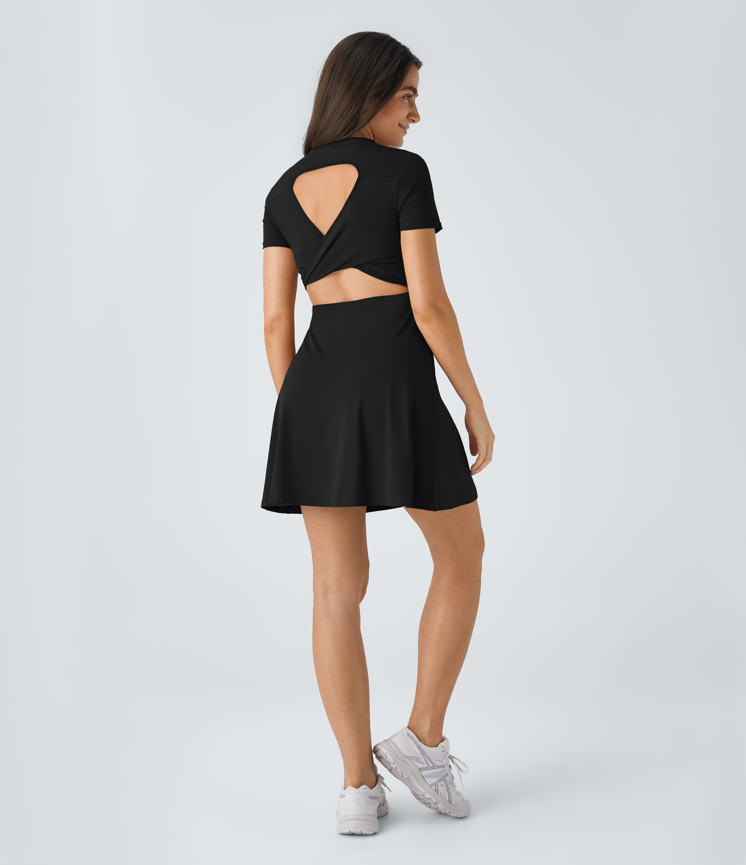 Halara Backless Twisted Cut Out Flare Mini Dance Active Dress Workout Dress - Black - L 