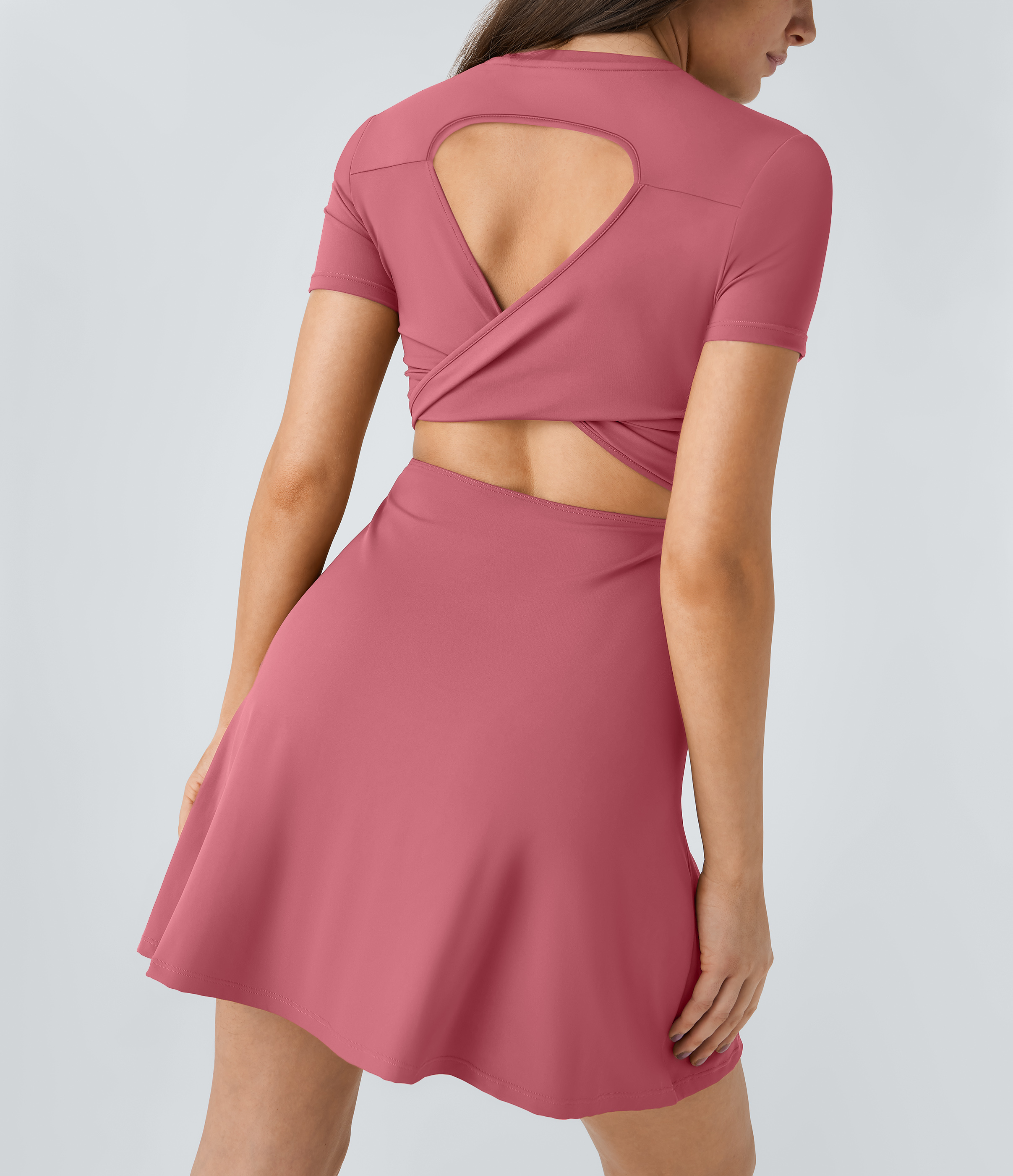 Halara Backless Twisted Cut Out Flare Mini Dance Active Dress Workout Dress - Begonia Rouge - L 