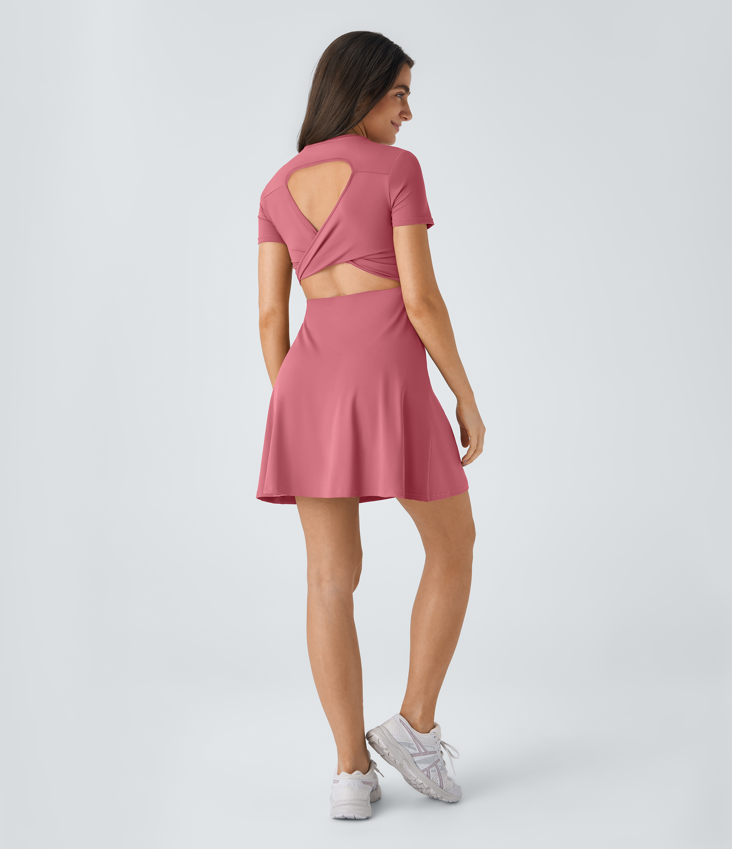 Halara Backless Twisted Cut Out Flare Mini Dance Active Dress Workout Dress - Begonia Rouge - L 