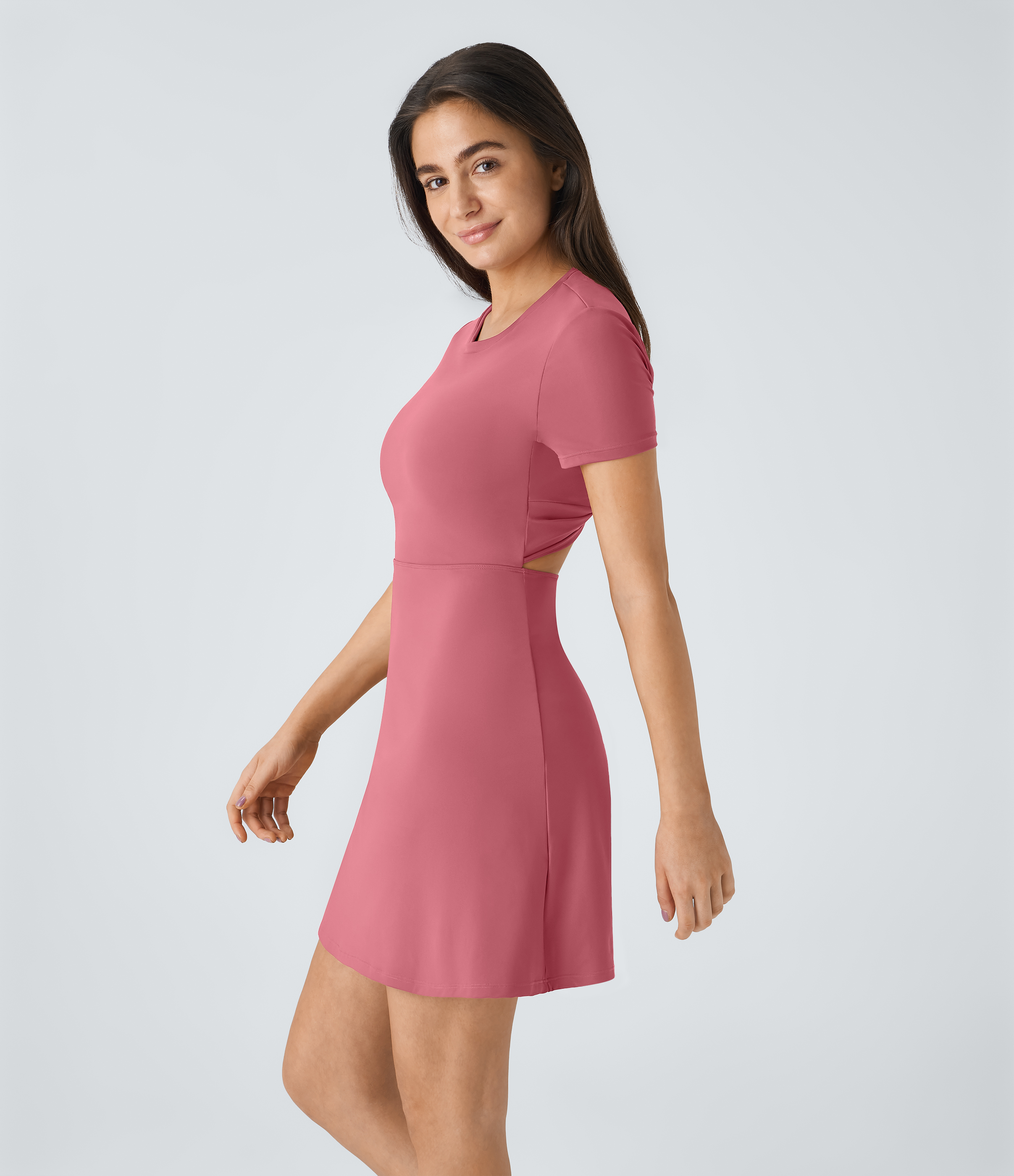 Halara Backless Twisted Cut Out Flare Mini Dance Active Dress Workout Dress - Begonia Rouge - L 