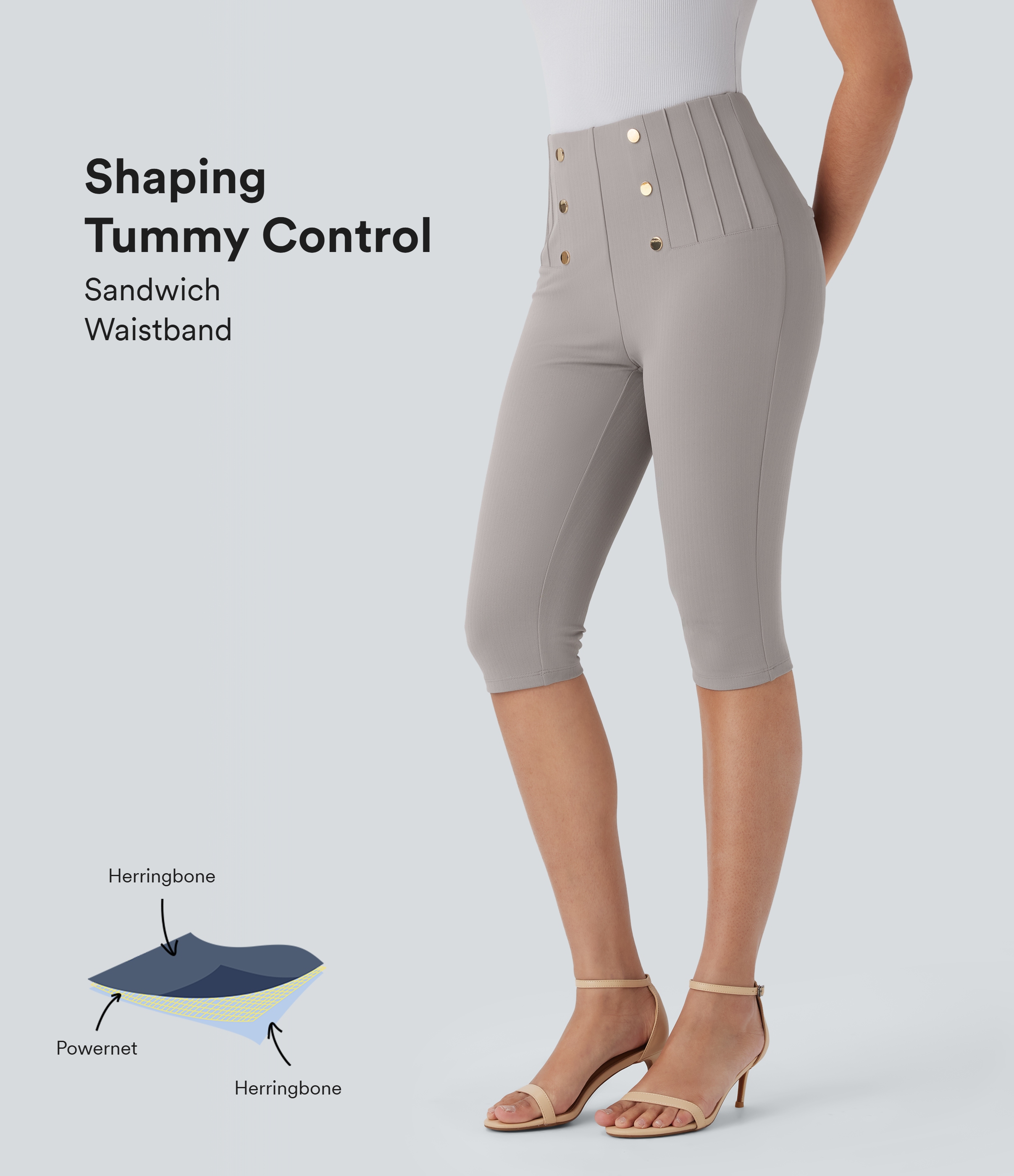 Pedal-Pusher-Arbeits-Leggings mit hohem Bund, Seitentaschen, Bauchkontrolle und Fischgrätenmuster