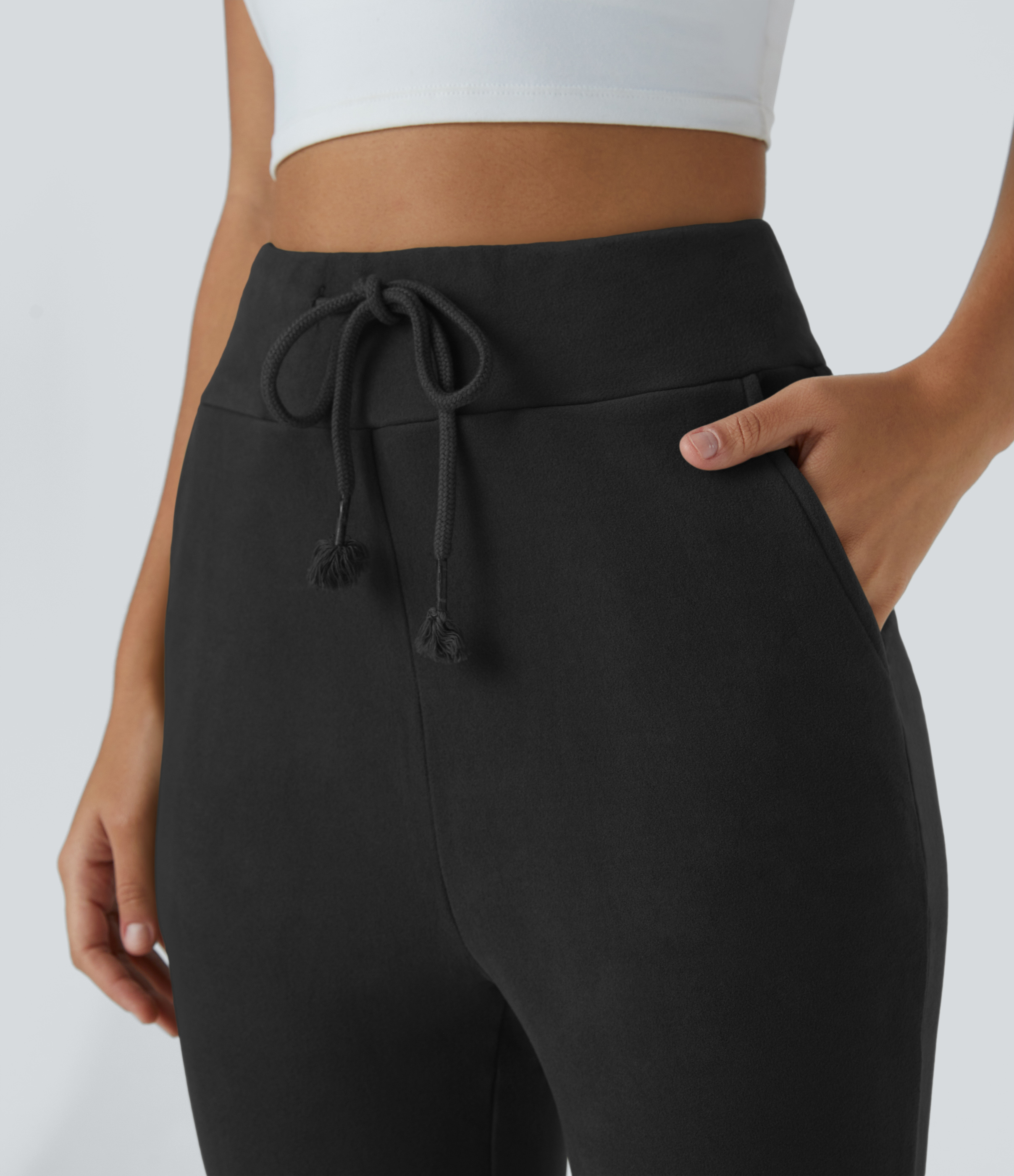 Halara High Waisted Drawstring Pocket Plain Flare Long Pants  - Black - S 