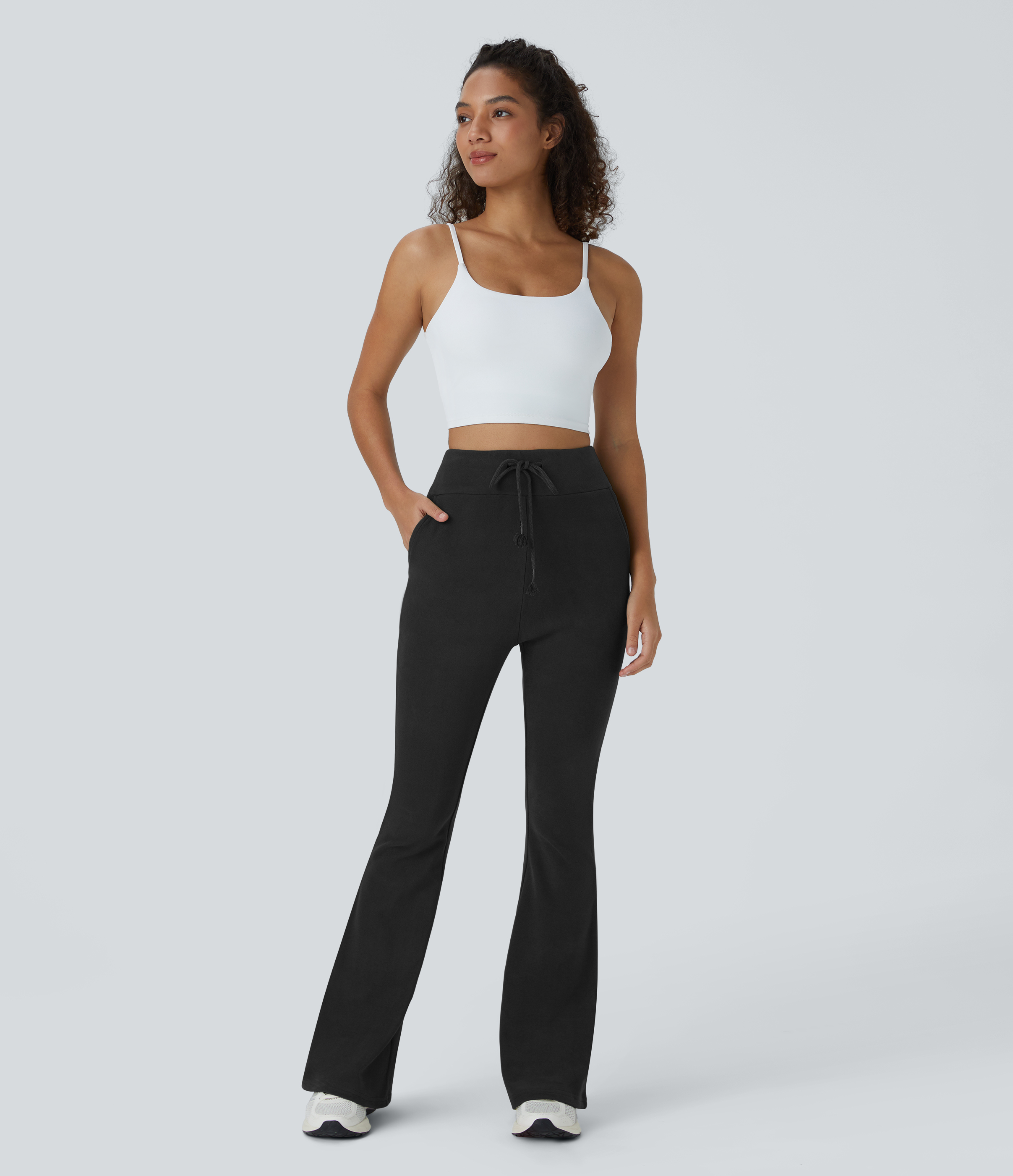 Halara High Waisted Drawstring Pocket Plain Flare Long Pants  - Black - S 
