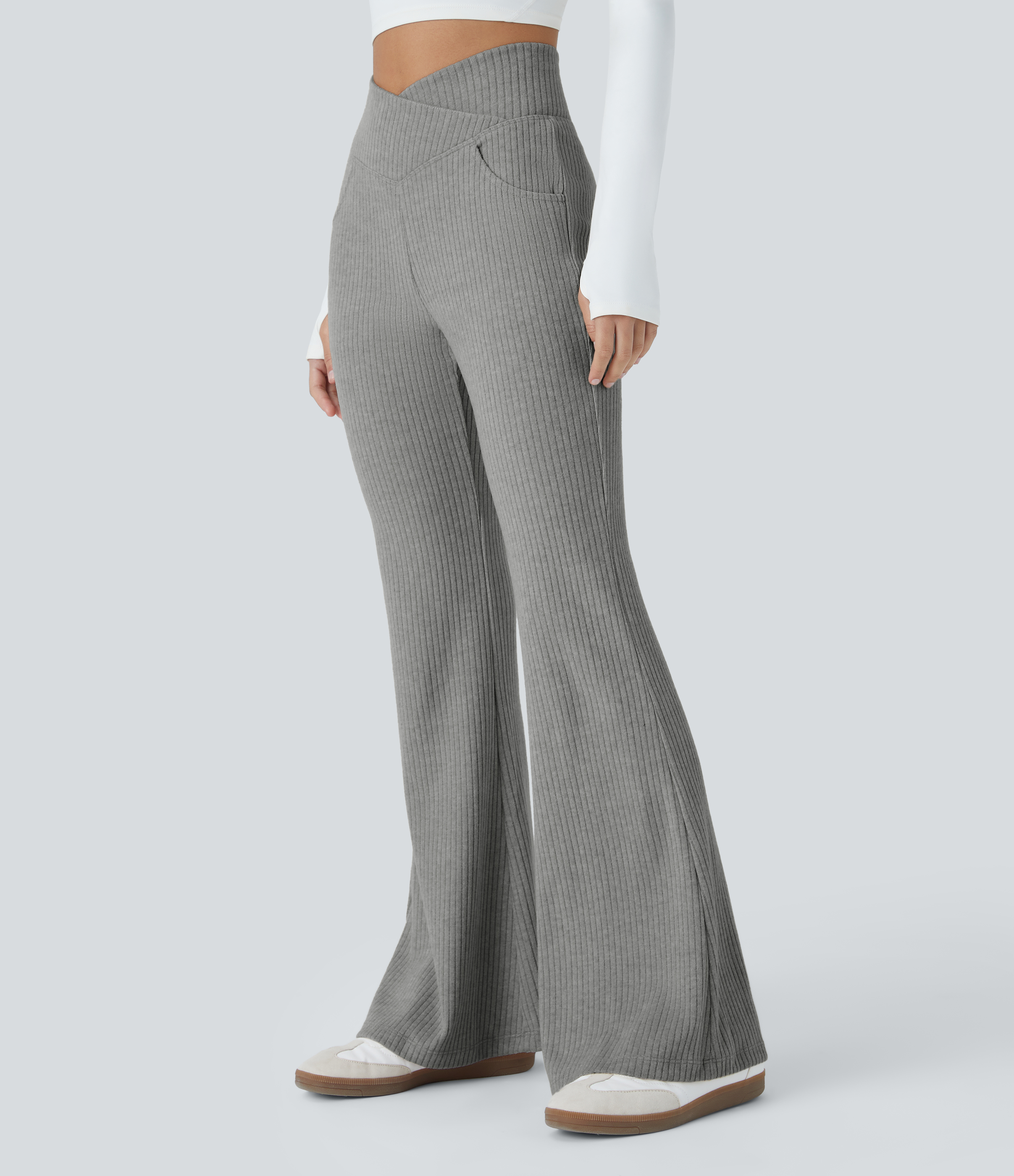 Halara Ribbed Knit Crossover High Waisted Side Pocket Casual Flare Pants  - Dark Mottled Grey - M(regular) sweatpants jogger pants 
