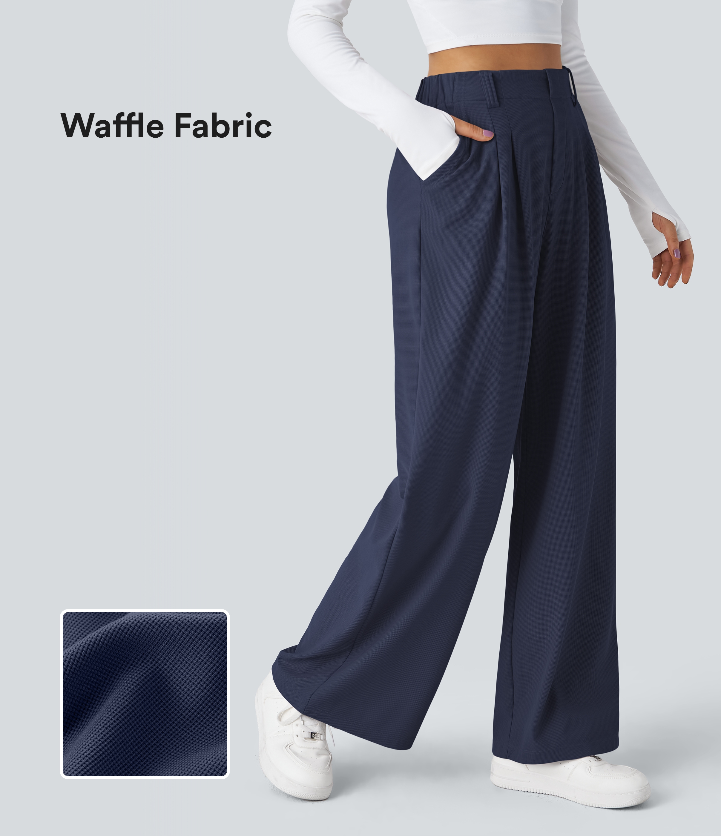 Halara High Waisted Plicated Side Pocket Wide Leg Casual Pants  - Dark Blue - XL(regular) sweatpants jogger pants stacked sweatpants 