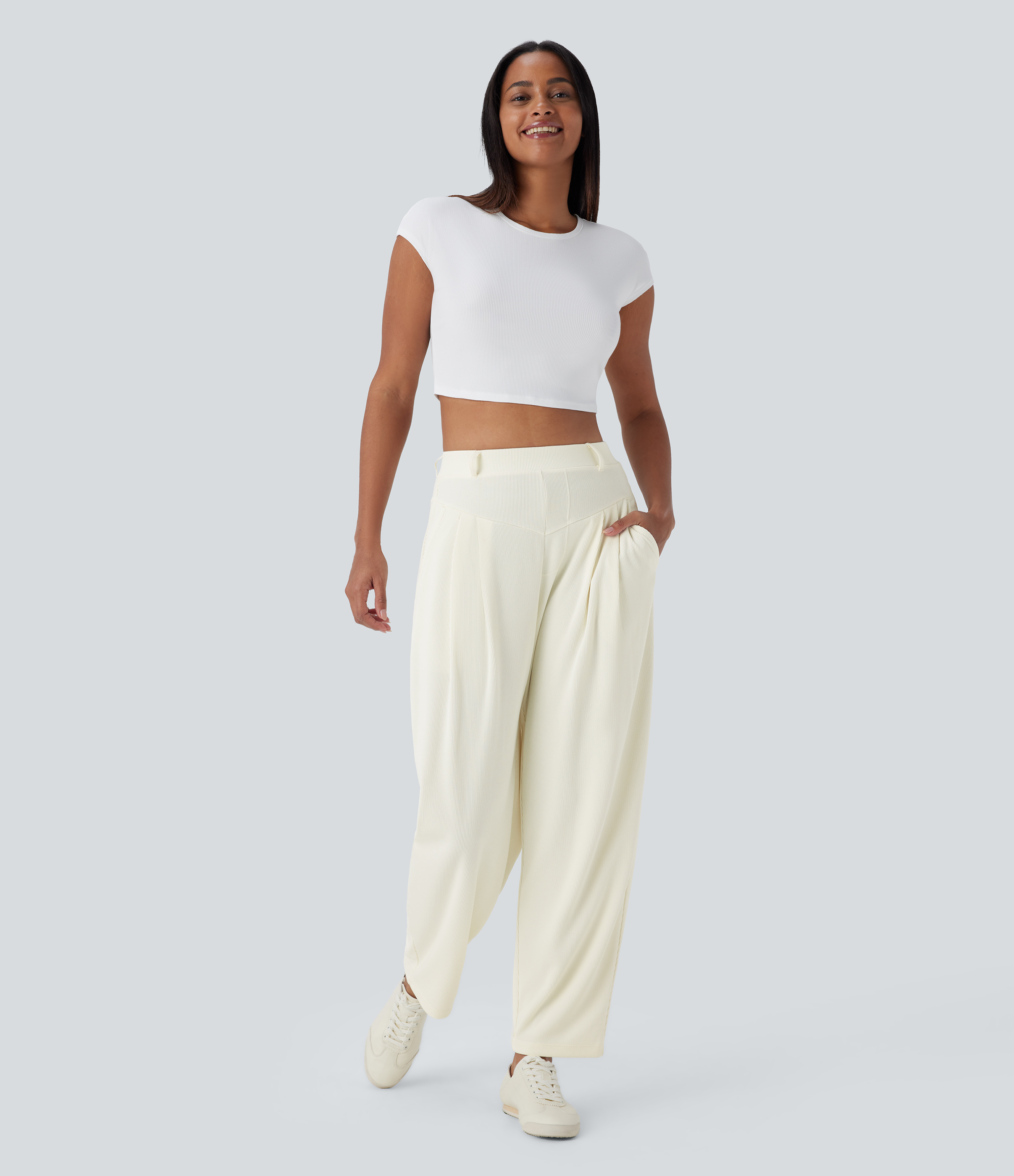 Halara Ribbed High Waisted Side Pocket  Barrel Leg Work Pants  - Warm Yellow Cake - M(regular) sweatpants jogger pants stacked sweatpants 