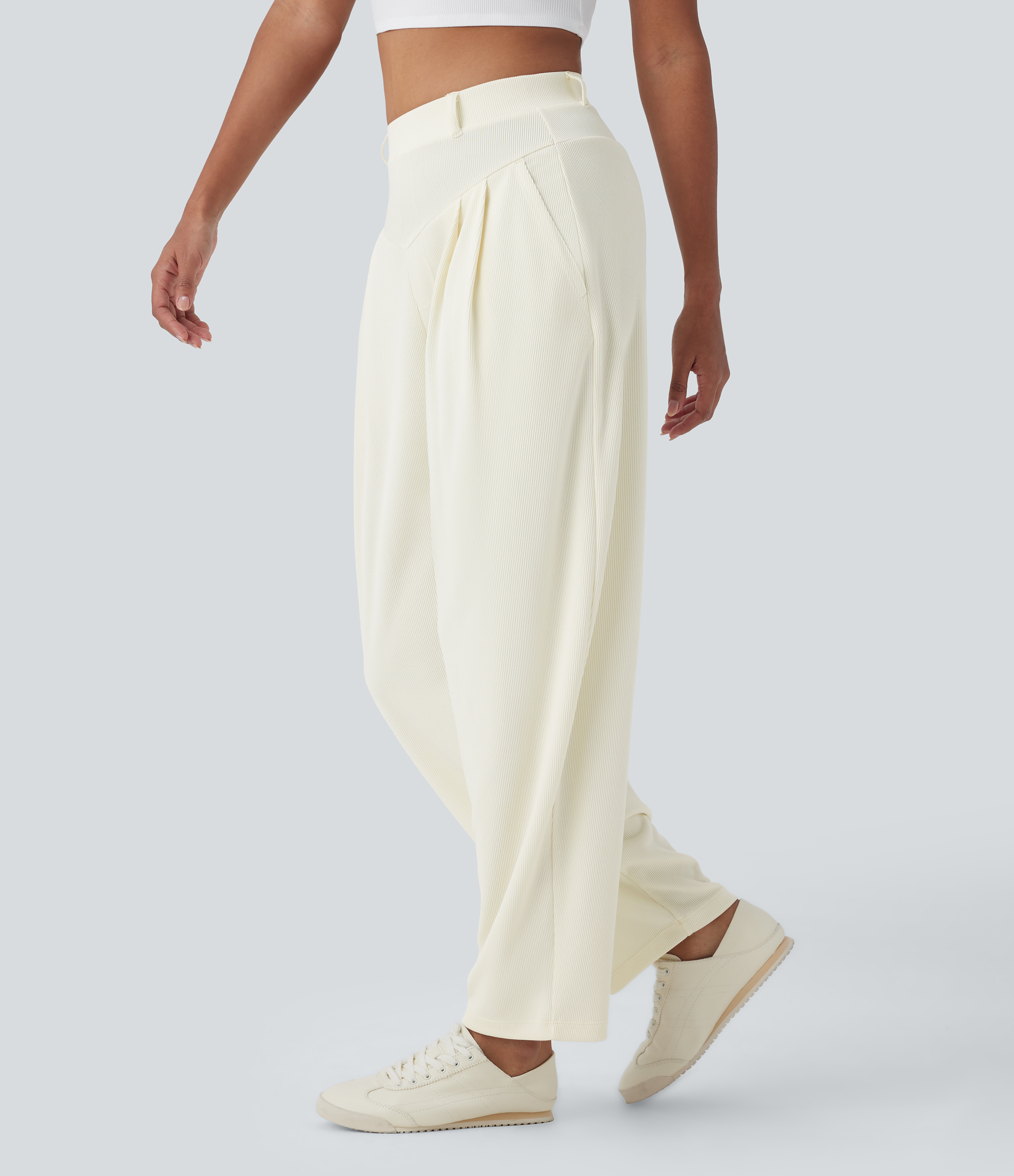 Halara Ribbed High Waisted Side Pocket  Barrel Leg Work Pants  - Warm Yellow Cake - M(regular) sweatpants jogger pants stacked sweatpants 