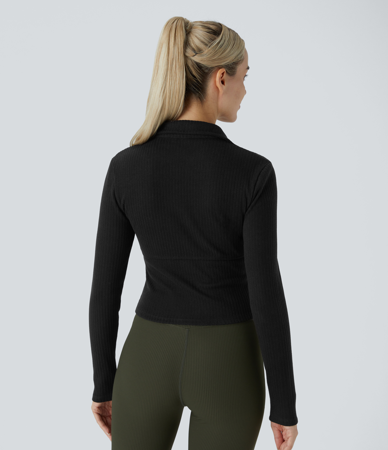 Halara Ribbed Knit Collared 2-Way Zipper Long Sleeve Casual Top Tank Top - Black - XL golf tops halter top tunic tops sleeveless tops 