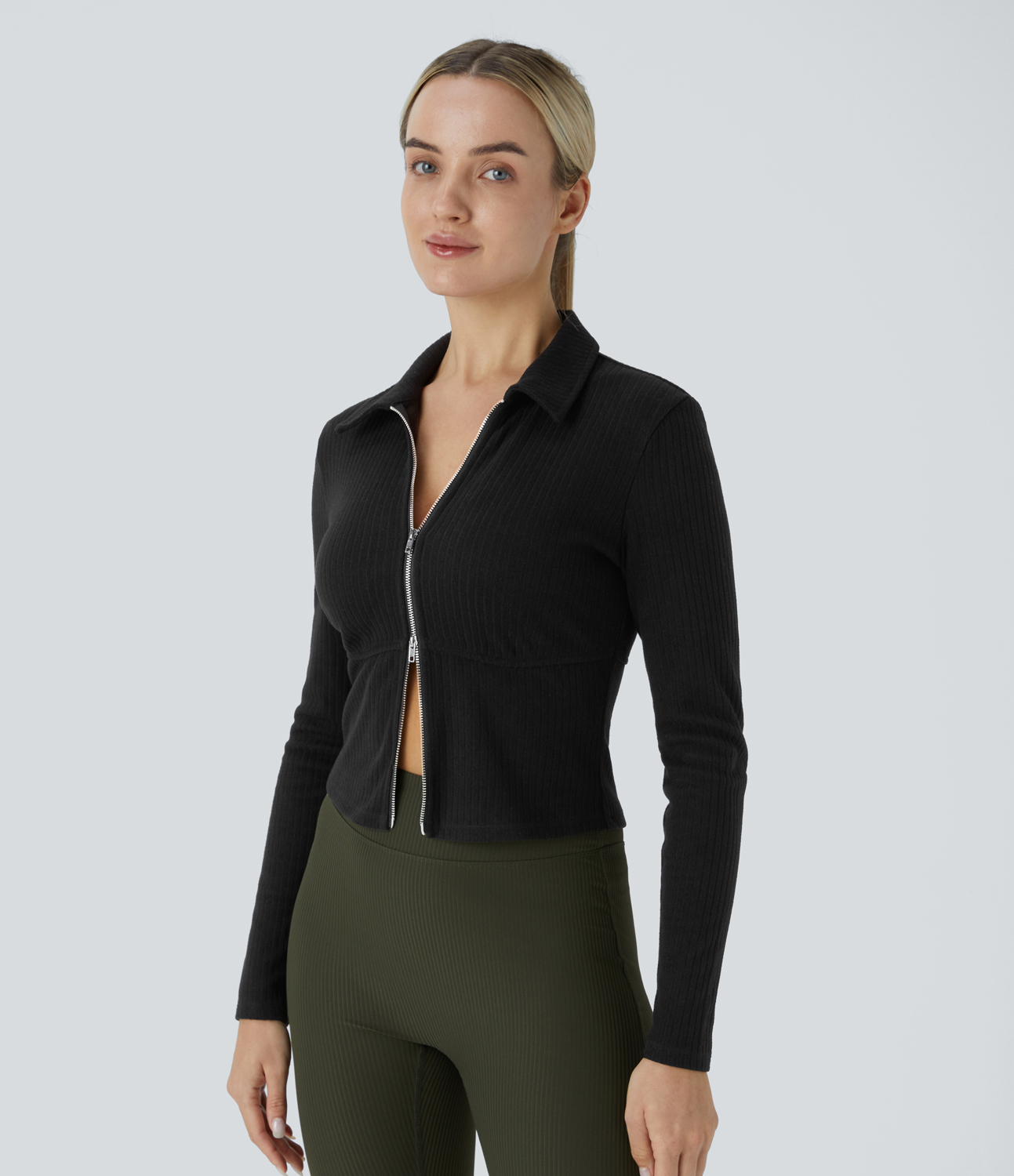 Halara Ribbed Knit Collared 2-Way Zipper Long Sleeve Casual Top Tank Top - Black - XL golf tops halter top tunic tops sleeveless tops 