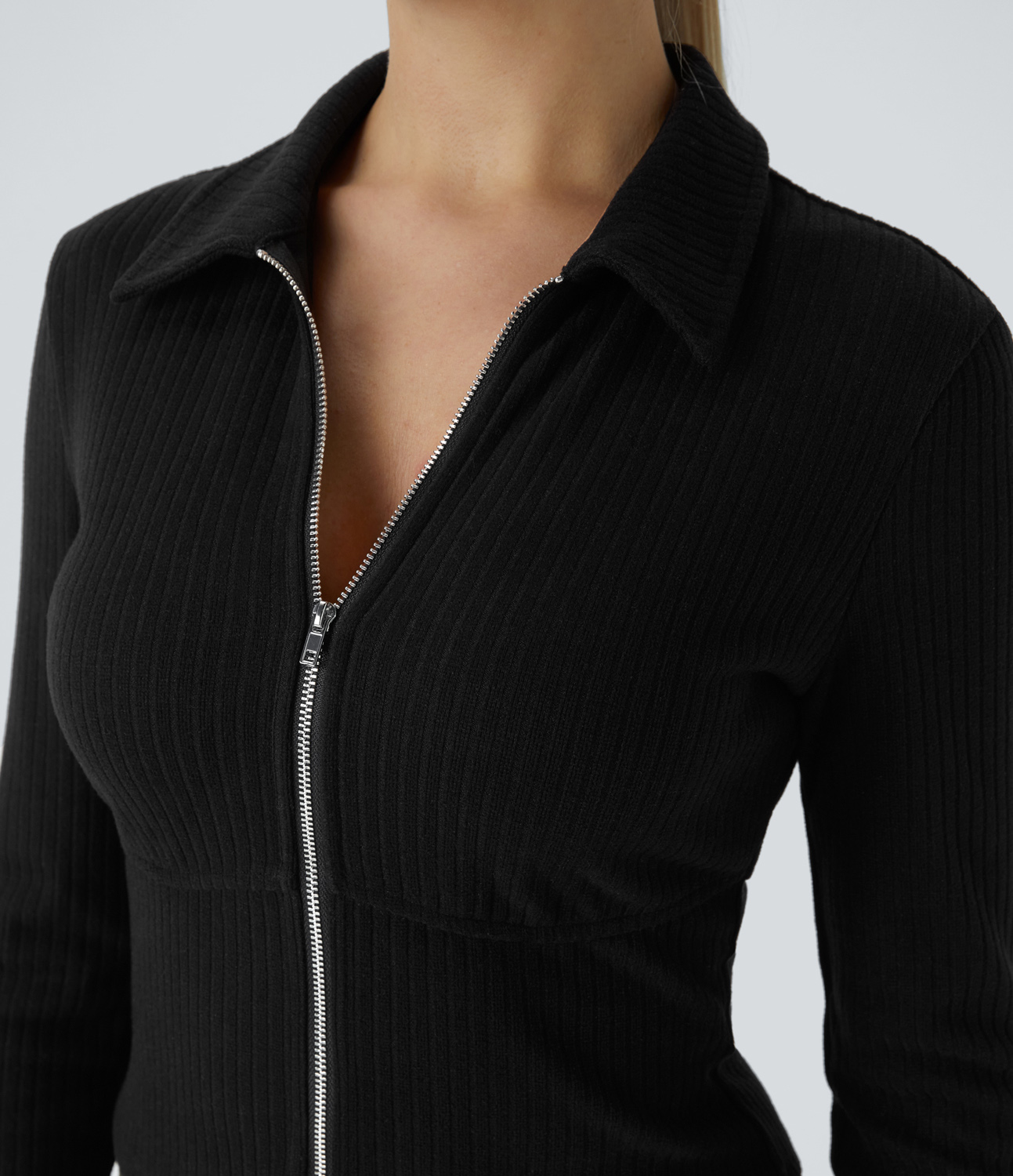 Halara Ribbed Knit Collared 2-Way Zipper Long Sleeve Casual Top Tank Top - Black - XL golf tops halter top tunic tops sleeveless tops 