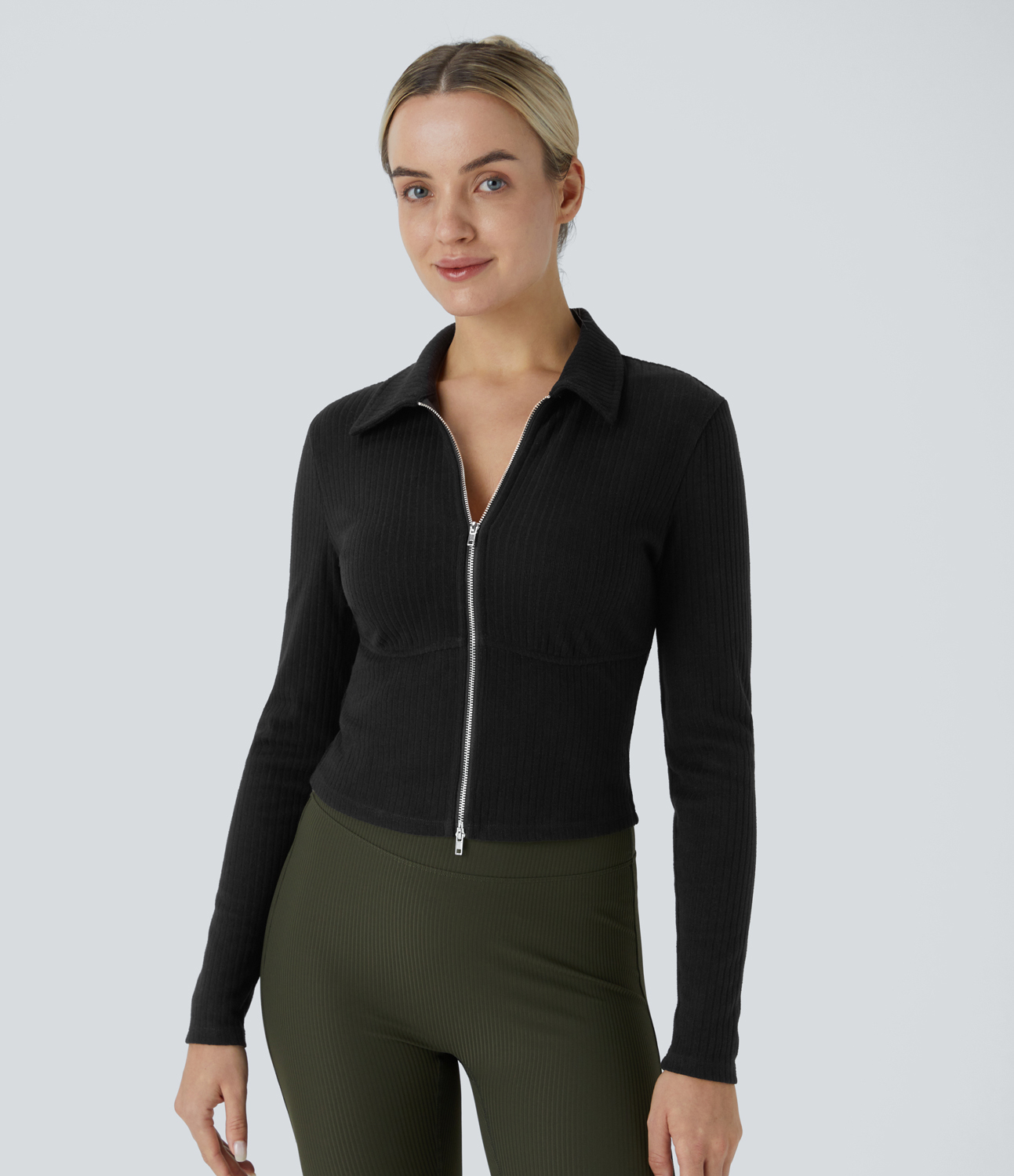 Halara Ribbed Knit Collared 2-Way Zipper Long Sleeve Casual Top Tank Top - Black - XL golf tops halter top tunic tops sleeveless tops 