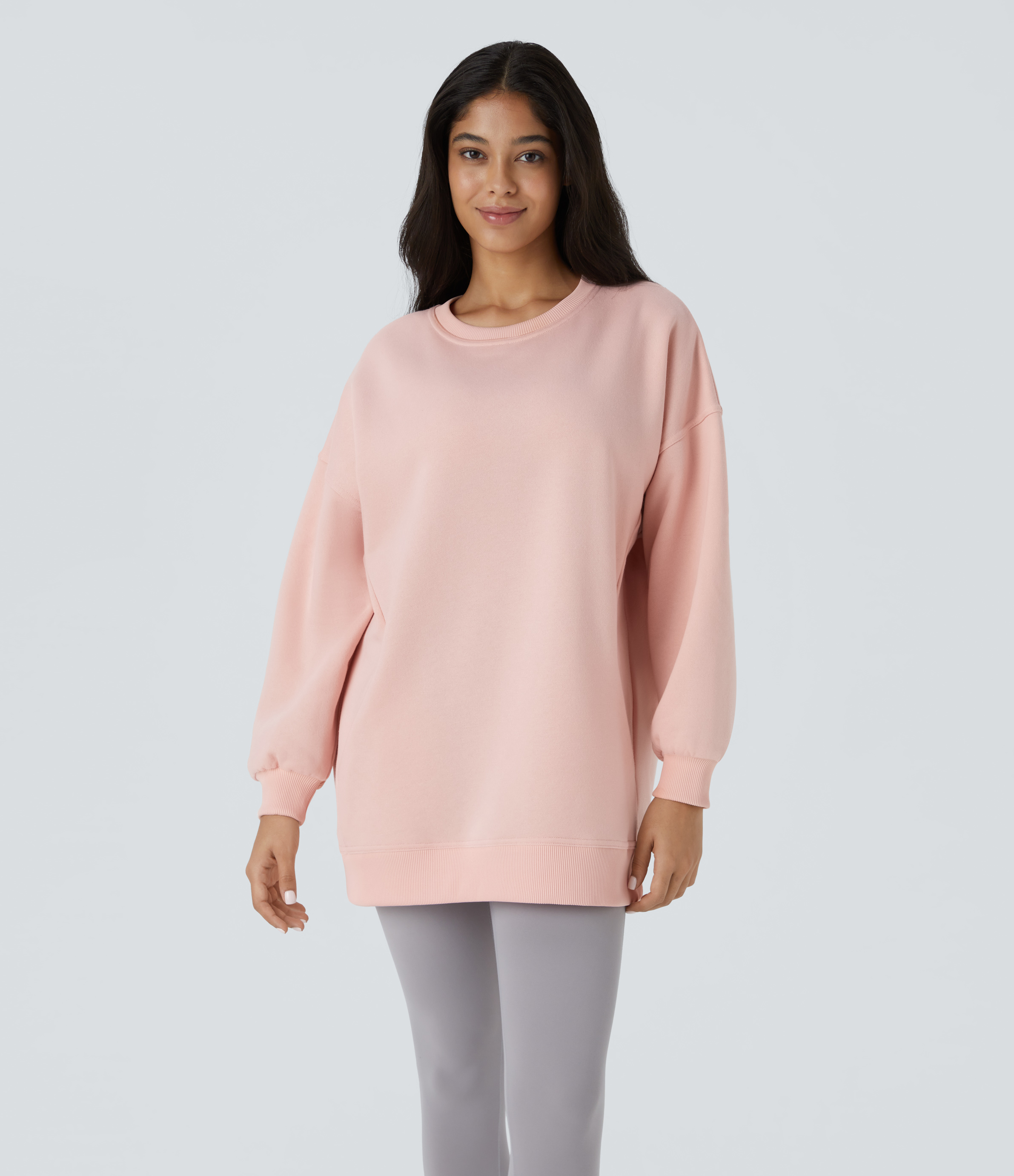 Halara Round Neck Long Sleeve Side Pocket Oversize Fleece Casual Sweatshirt  - Peachy Keen - S 