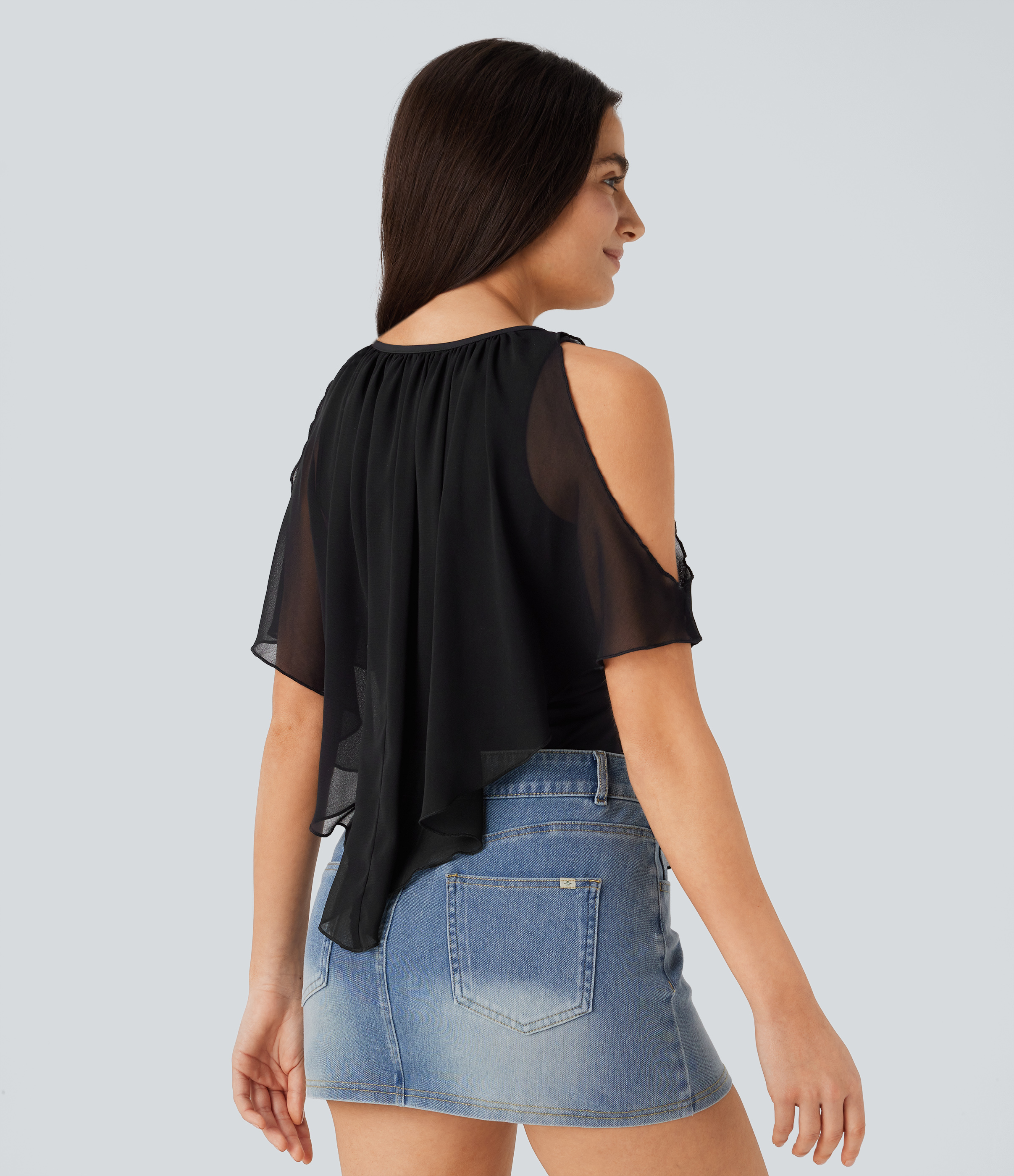 Halara Breezefulв„ў V Neck Cold Shoulder Contrast Chiffon Flowy Quick Dry Casual Top Tank Top - Black - L golf tops halter top tunic tops 