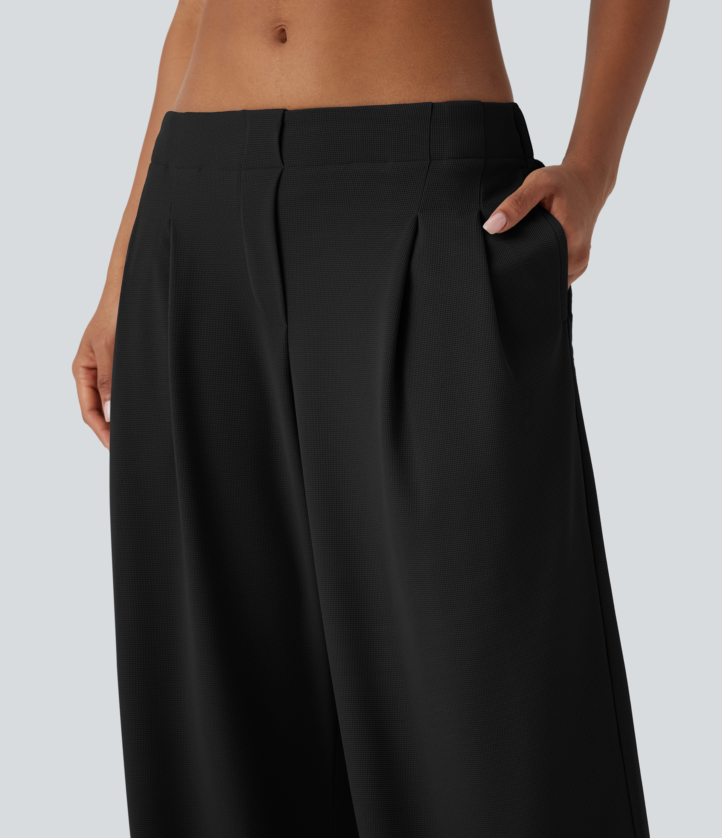 Halara Low Rise Side Pocket Wide Leg Waffle Casual Pants  - Black - XS(regular) sweatpants jogger pants stacked sweatpants cargo joggers 