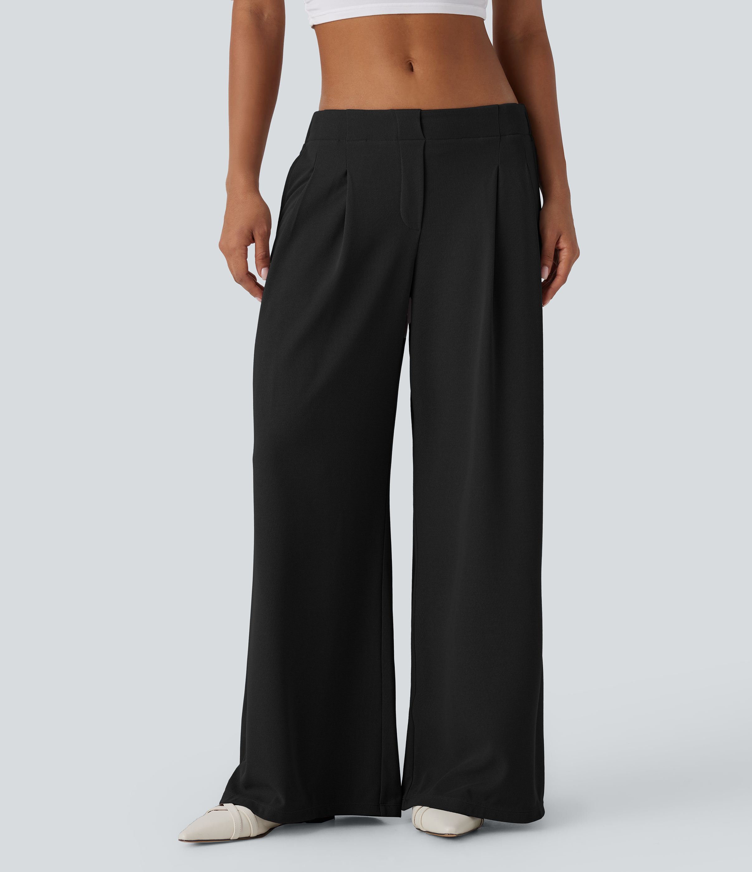 Halara Low Rise Side Pocket Wide Leg Waffle Casual Pants  - Black - XS(regular) sweatpants jogger pants stacked sweatpants cargo joggers 