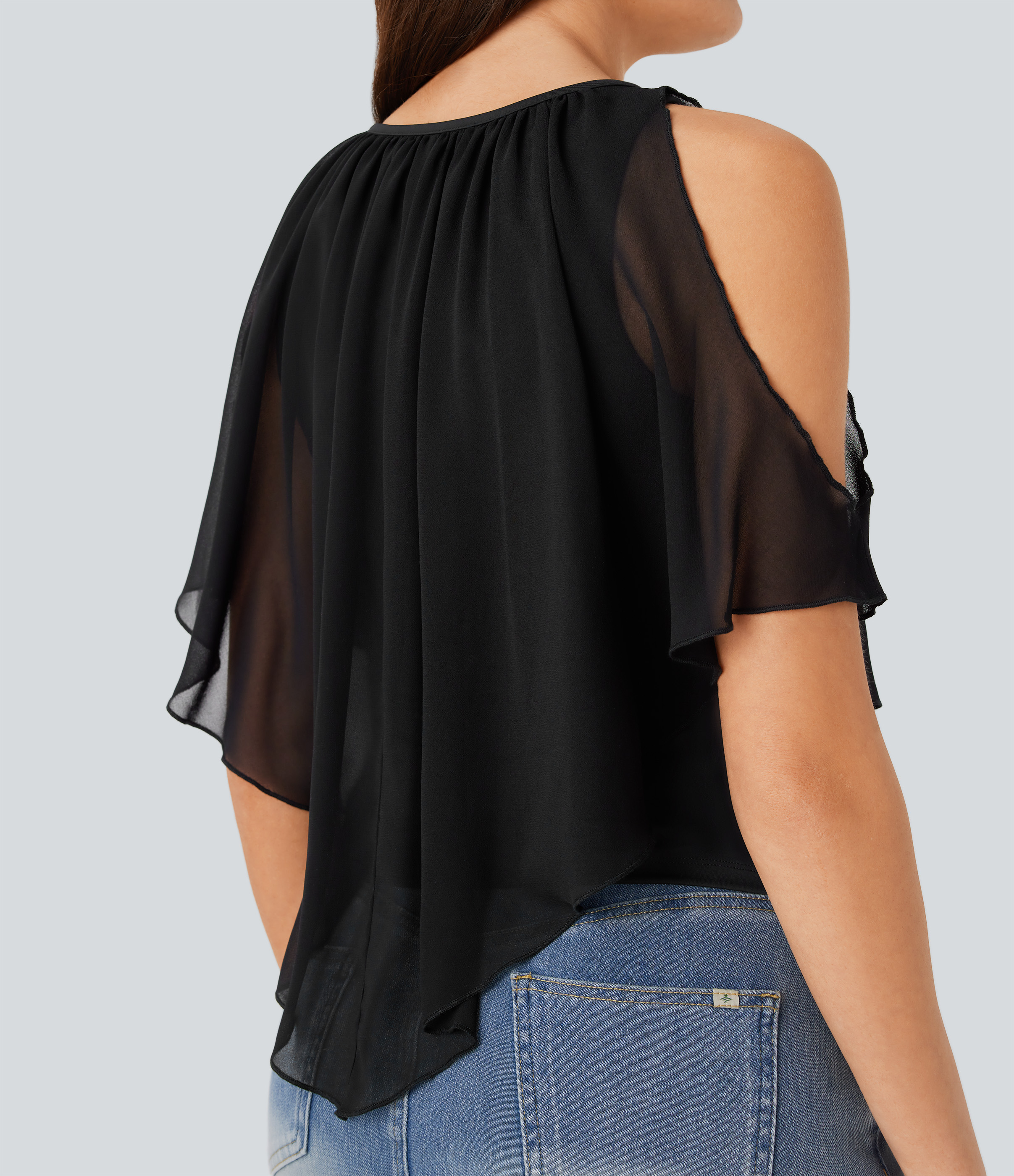 Halara Breezefulв„ў V Neck Cold Shoulder Contrast Chiffon Flowy Quick Dry Casual Top Tank Top - Black - L golf tops halter top tunic tops 